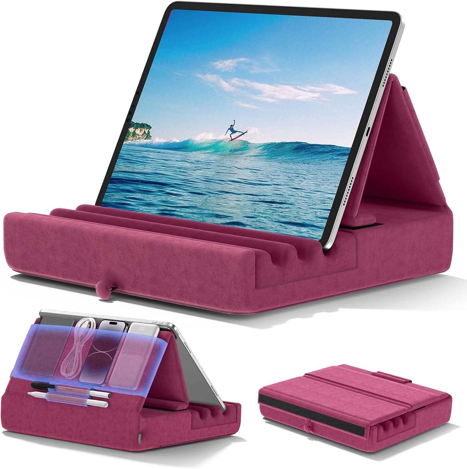 KDD Tablet Pillow Holder, Foldable iPad Stand for Lap, Bed and Desk -Tablet Soft Pad Dock with Pocket & Stylus Mount Compatible with iPad Pro 12.9, 10.5, 9.7 Air Mini 6 5 4 3, Galaxy Tab, E-Reader Purple