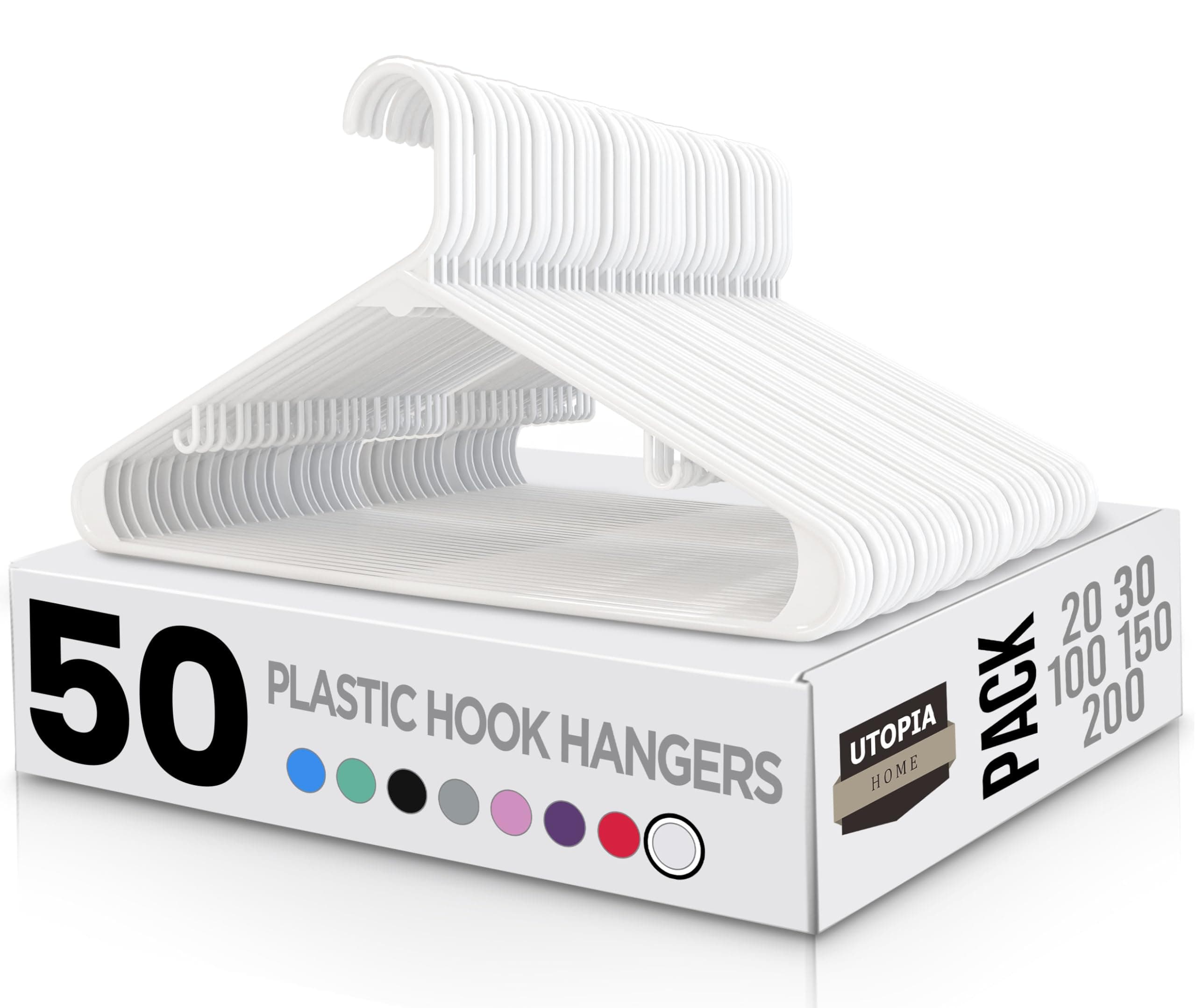 Utopia Home Plastic Hangers 50 Pack - Space Saving Clothes Hanger - Durable & Strong Closet Organizers and Storage with Built-in Strap Hooks - Essential for Shirts, Pants, Skirts & Coats (White) White Pack of 50