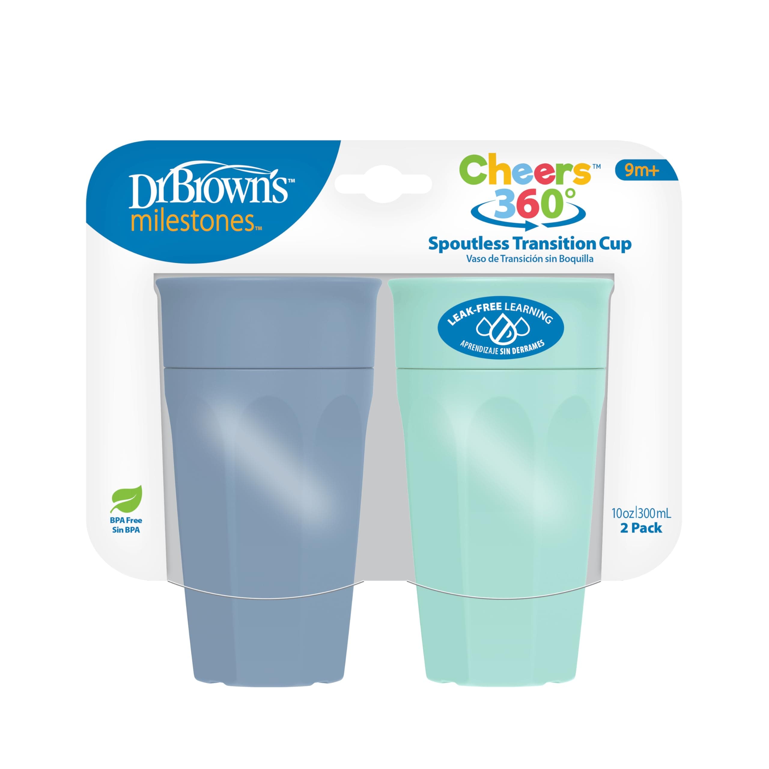 Dr. Brown's Milestones Cheers 360 Spoutless Transition Cup, Travel Friendly and Leak Free Sippy for Babies and Toddlers, Aqua and Blue, BPA-Free, 10 oz/300 mL, 9m+ 2-Pack, 10oz, Aqua + Blue