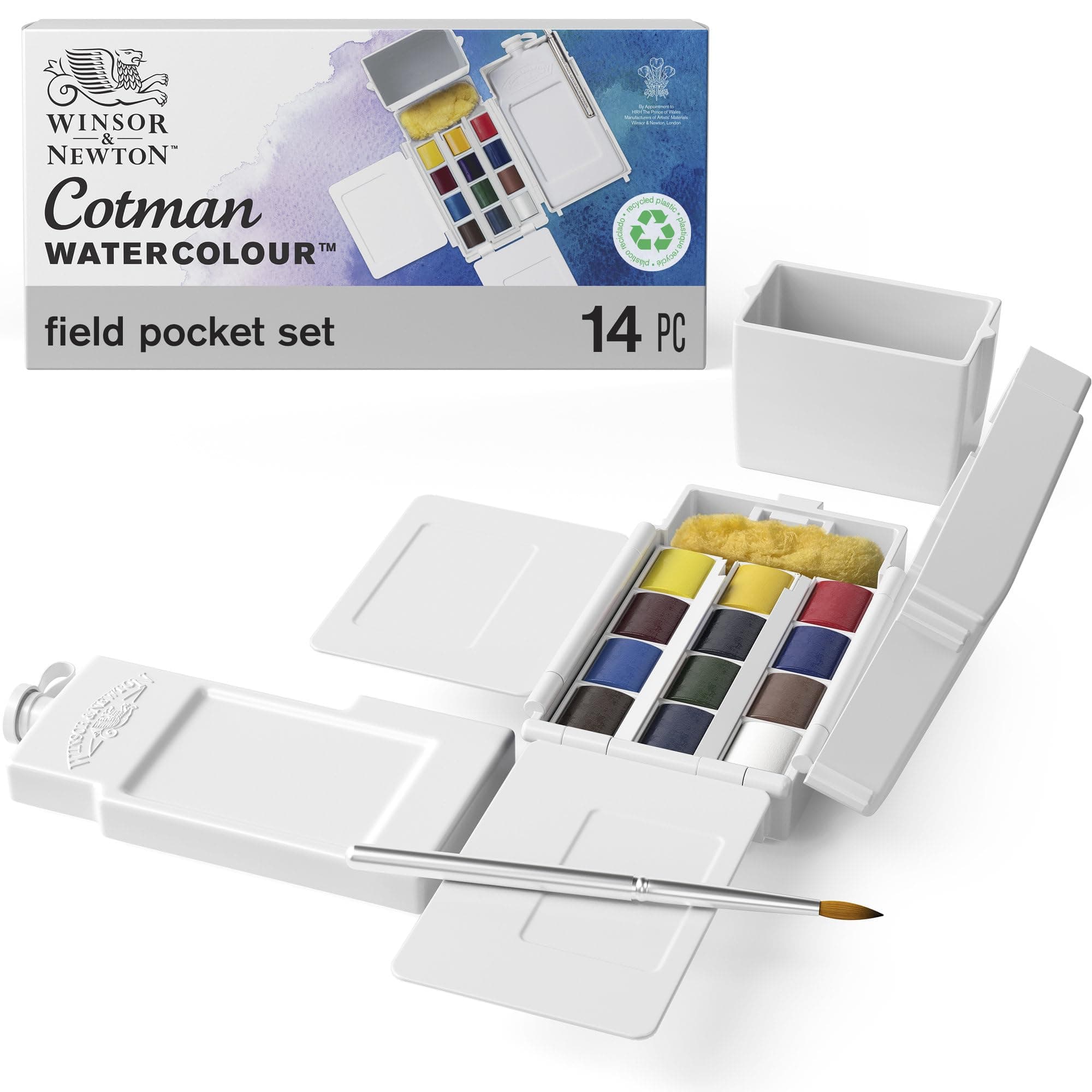 Winsor & Newton Cotman Watercolor Paint Set, Field Pocket Set, 12 Half Pan w/ Brush, Sponge, Bottle 12 Half Pan Field Pocket Set