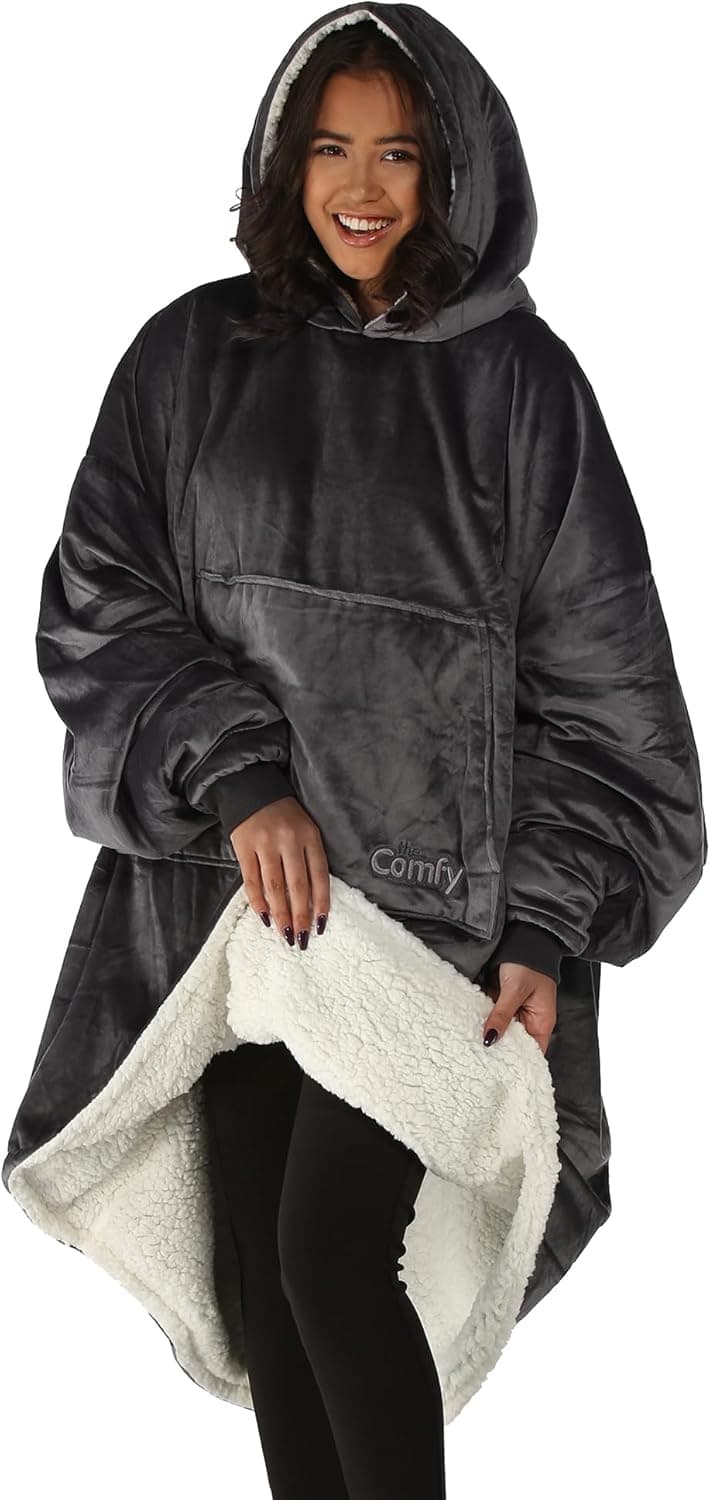 THE COMFY Original | Sherpa Lined Microfiber Fleece Wearable Blanket, Oversized Design with Hood and Pocket from Shark Tank Charcoal