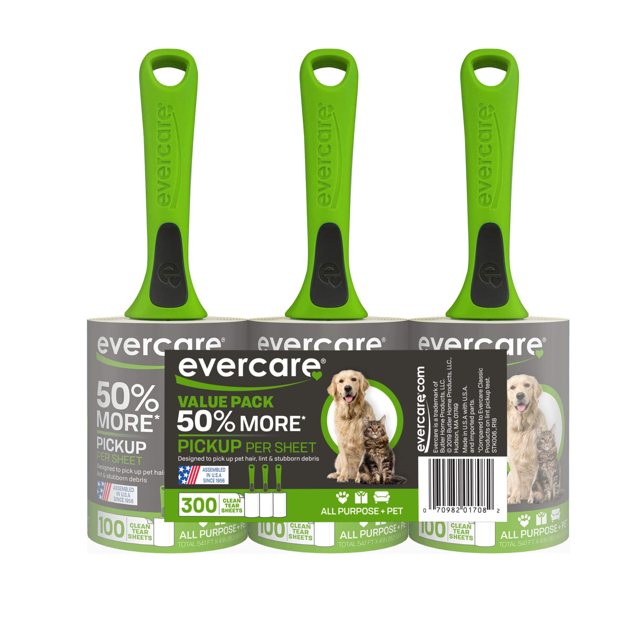 Evercare All Purpose Pet Hair Lint Rollers, 3 Pack, 100 Sheets Each – Reusable Sticky Roller for Pet Hair, Cat & Dog Hair Remover, Lint Remover, Pet Hair Remover for Furniture, Clothing & Cars Pack of 3 (300 Sheets)