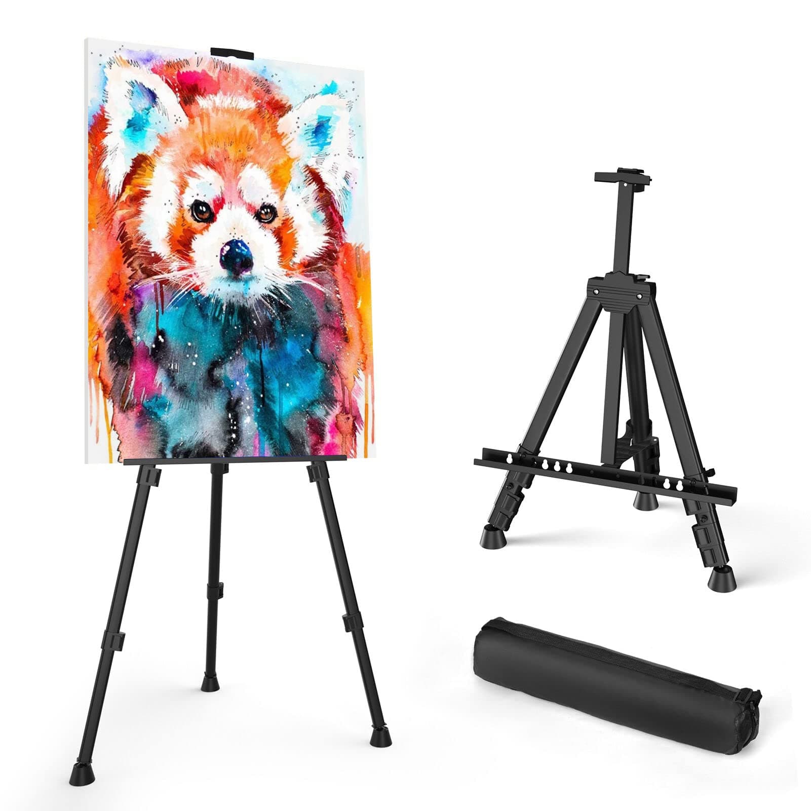Art Painting Artist Easel Stand, Portable Adjustable Aluminum Metal Tripod Display Easel with Bag, Height from 17 to 66 inch for Table-Top/Floor Drawing and Displaying, Black Black - 1pack