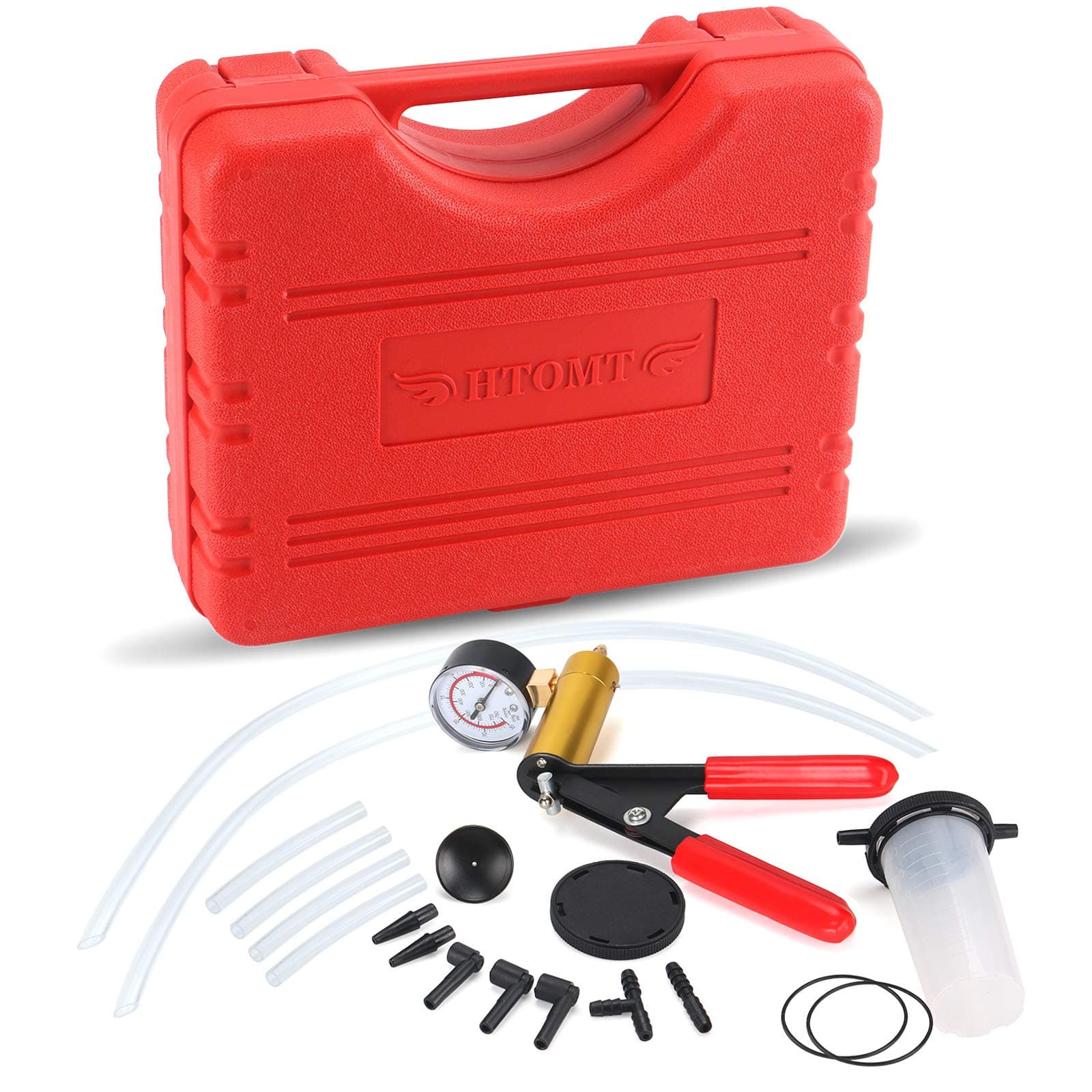 2 in 1 Brake Bleeder Kit Hand held Vacuum Pump Test Set for Automotive with Protected Case,Adapters,One-Man Brake and Clutch Bleeding System(Red)