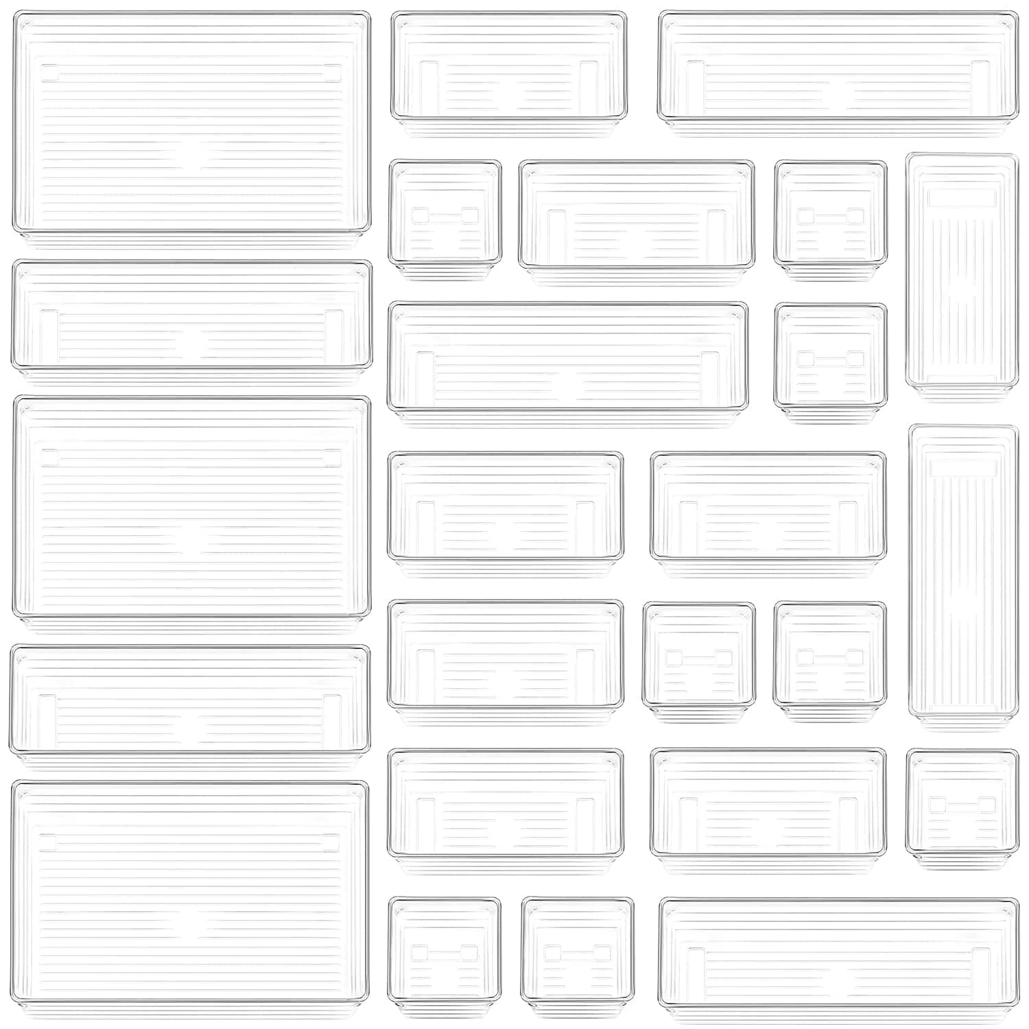 DCA 25 PCS Clear Plastic Drawer Organizer Tray, Bathroom Organizers and Storage Bins for Makeup, Kitchen Utensils, Jewelries, Gadgets, Office Desk