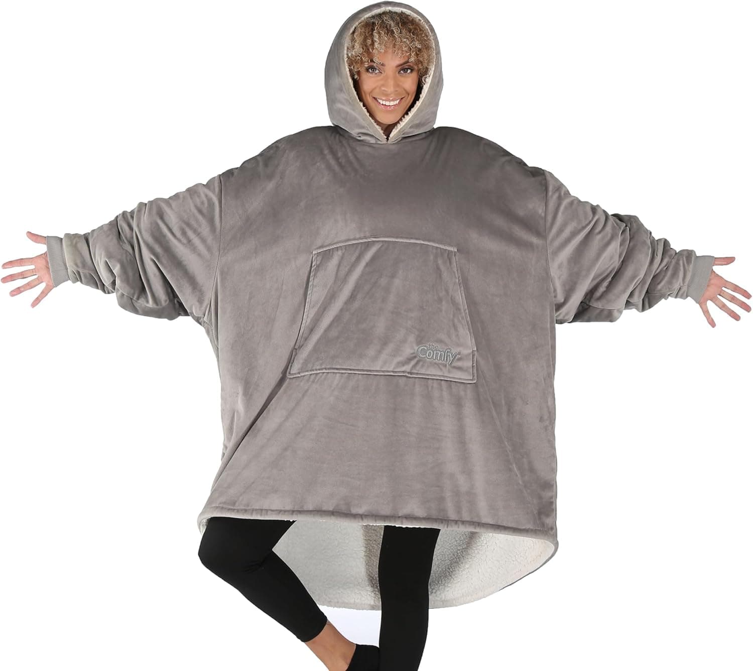 THE COMFY Original | Sherpa Lined Microfiber Fleece Wearable Blanket, Oversized Design with Hood and Pocket from Shark Tank Gray