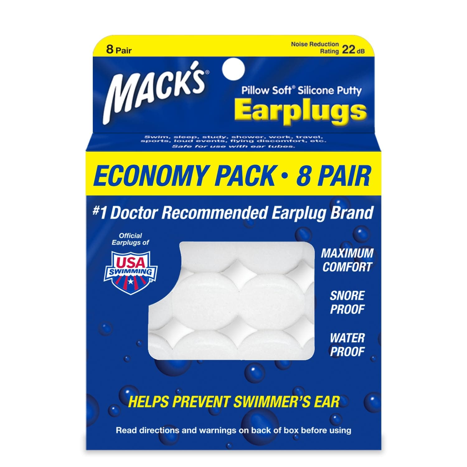 Mack's Pillow Soft Silicone Earplugs, 8 Pair - The Original Moldable Silicone Putty Ear Plugs for Sleeping, Snoring, Swimming, Travel, Concerts and Studying | Made in USA 16 Count (Pack of 1)