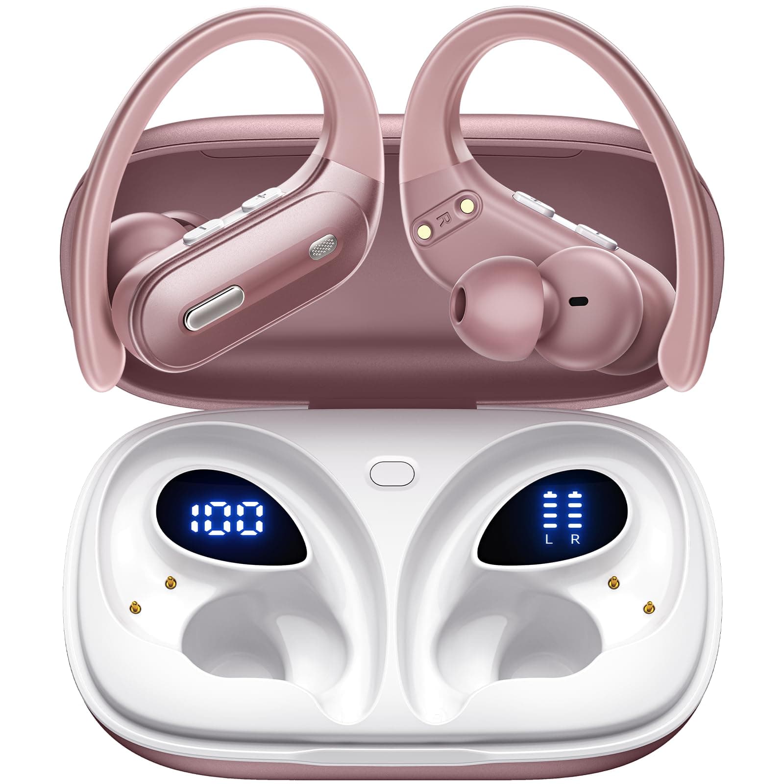 Wireless Earbuds Bluetooth 5.3 Headphones 90 Hrs Playtime Earbuds with Wireless Charging Case Power Display Over-Ear Earphones with Earhooks Waterproof Stereo for Android Phone Pink
