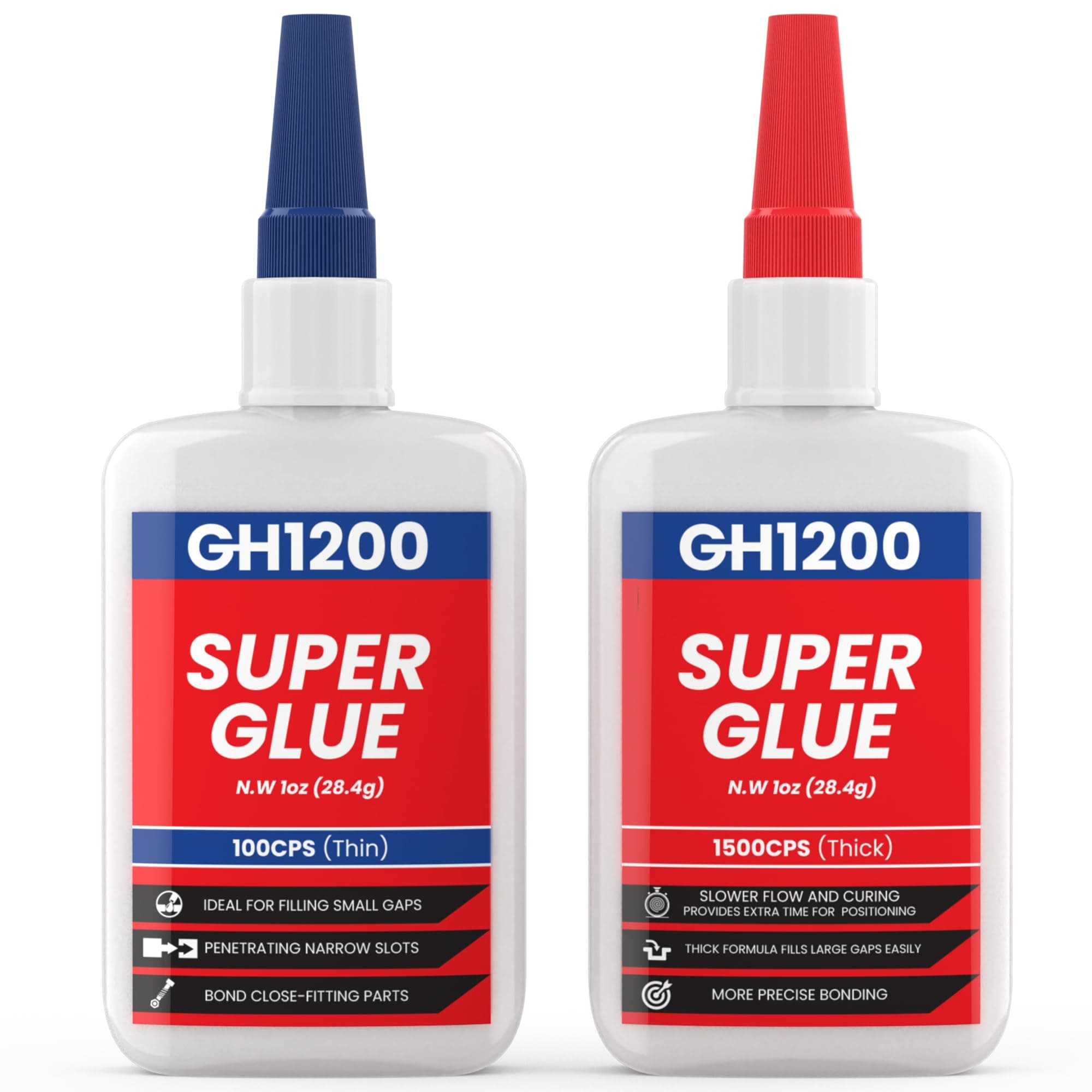 GH1200 57 Grams (2 oz) 100/1500 CPS (Thin/Thick) Super Glue All Purpose with Anti Clog Cap. Ca Glue - Adhesive SuperGlue. Cyanoacrylate Glue for Hard Plastics, DIY Craft, Metal 1 Oz Each
