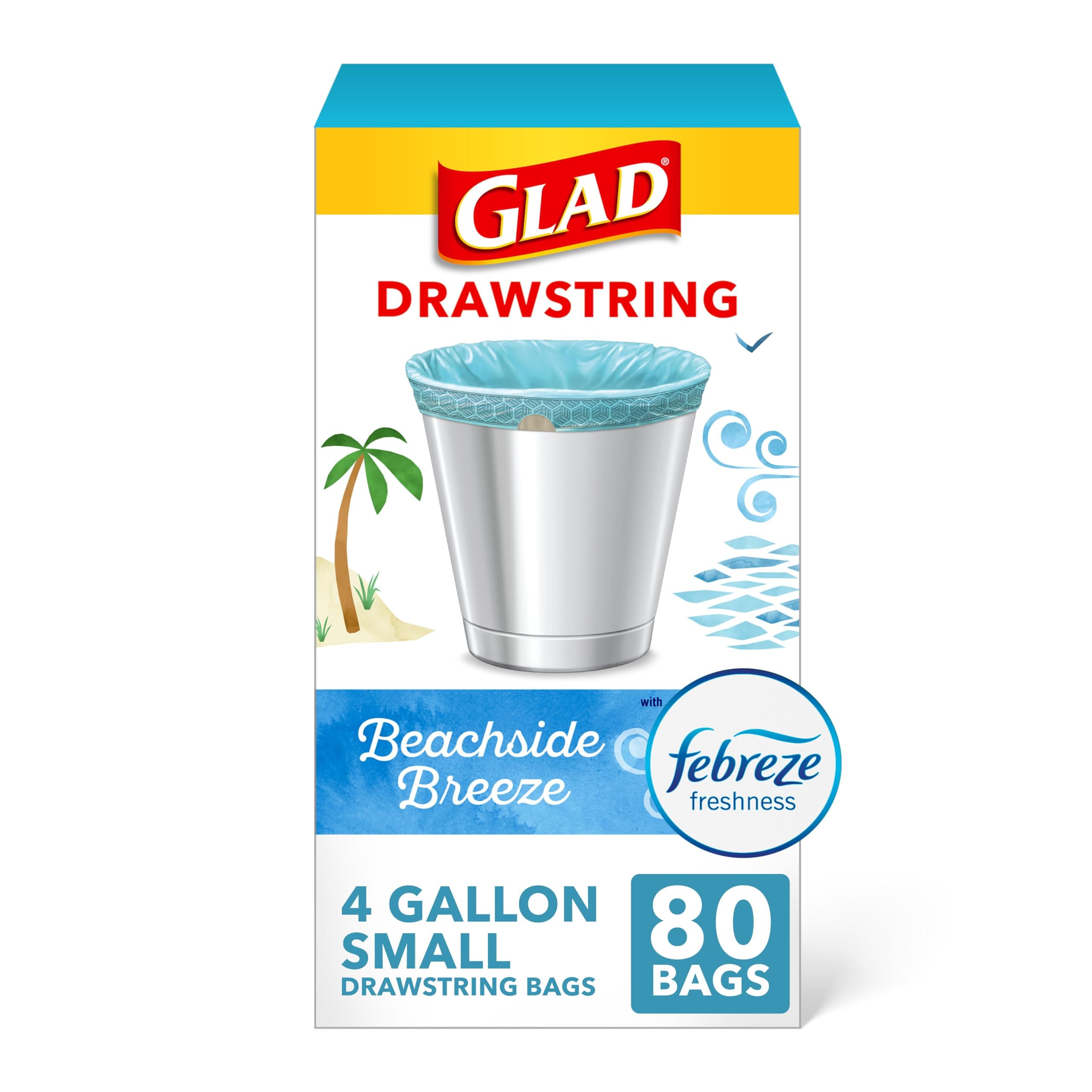 Glad Small Trash Bags 4 Gallon, Febreze Beachside Breeze Garbage Bags, Odor Resistant with Drawstring, 80 Count Beachside Breeze 80 Count (Pack of 1)