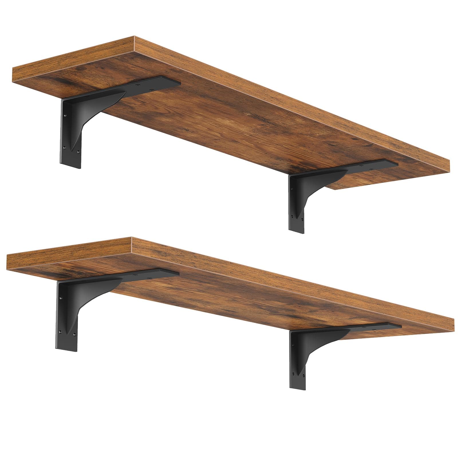 HOOBRO Floating Shelves for Wall, 15.4" Wall Mounted Shelves Set of 2, Hanging Storage Shelf with Metal Brackets, Wooden Shelf for Living Room, Bedroom, Bathroom, Rustic Brown and Black BF42BJP201G1 15.7 Inches Rustic Brown + Black