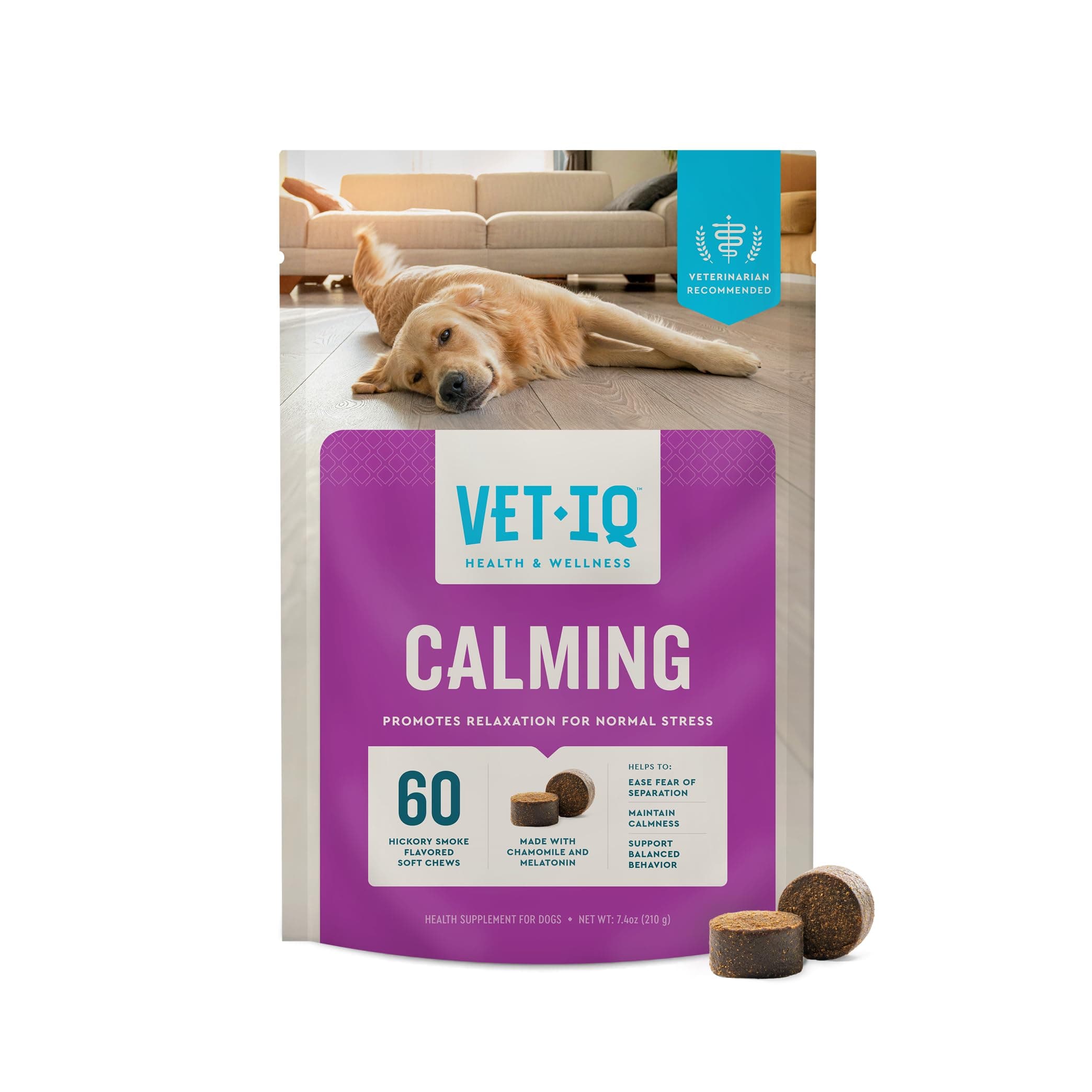 VetIQ Calming Support Supplement for Dogs, Calming Chews Help Manage Stress and Promote Relaxation, Anxiety Relief for Dogs, Made in The USA, 60 Count Standard Strength 60 Count