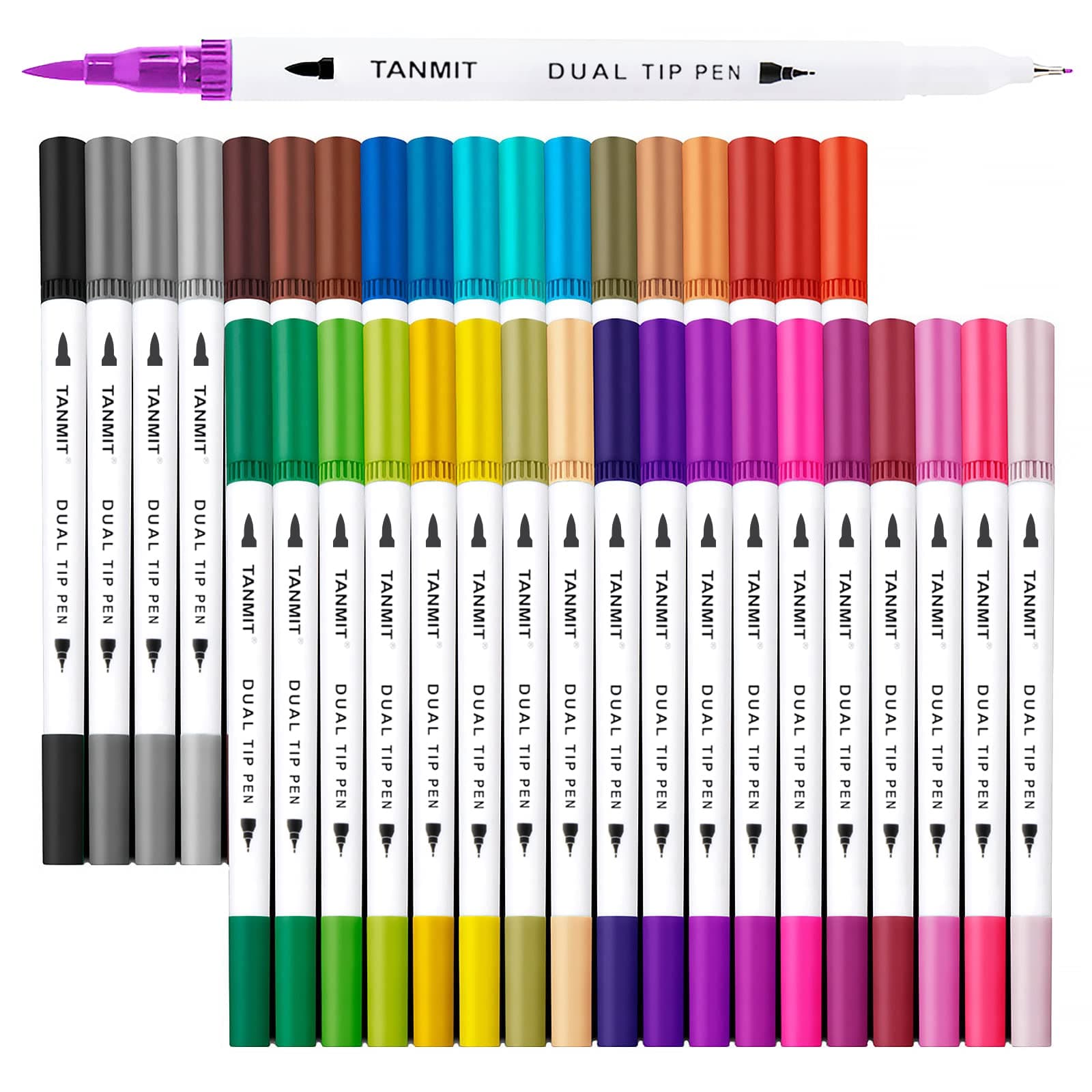Dual Brush Marker Pens for Coloring Books, Tanmit Fine Tip Coloring Marker & Brush Pen Set for Journaling Note Taking Writing Planning Art Project 36 Dual Pens