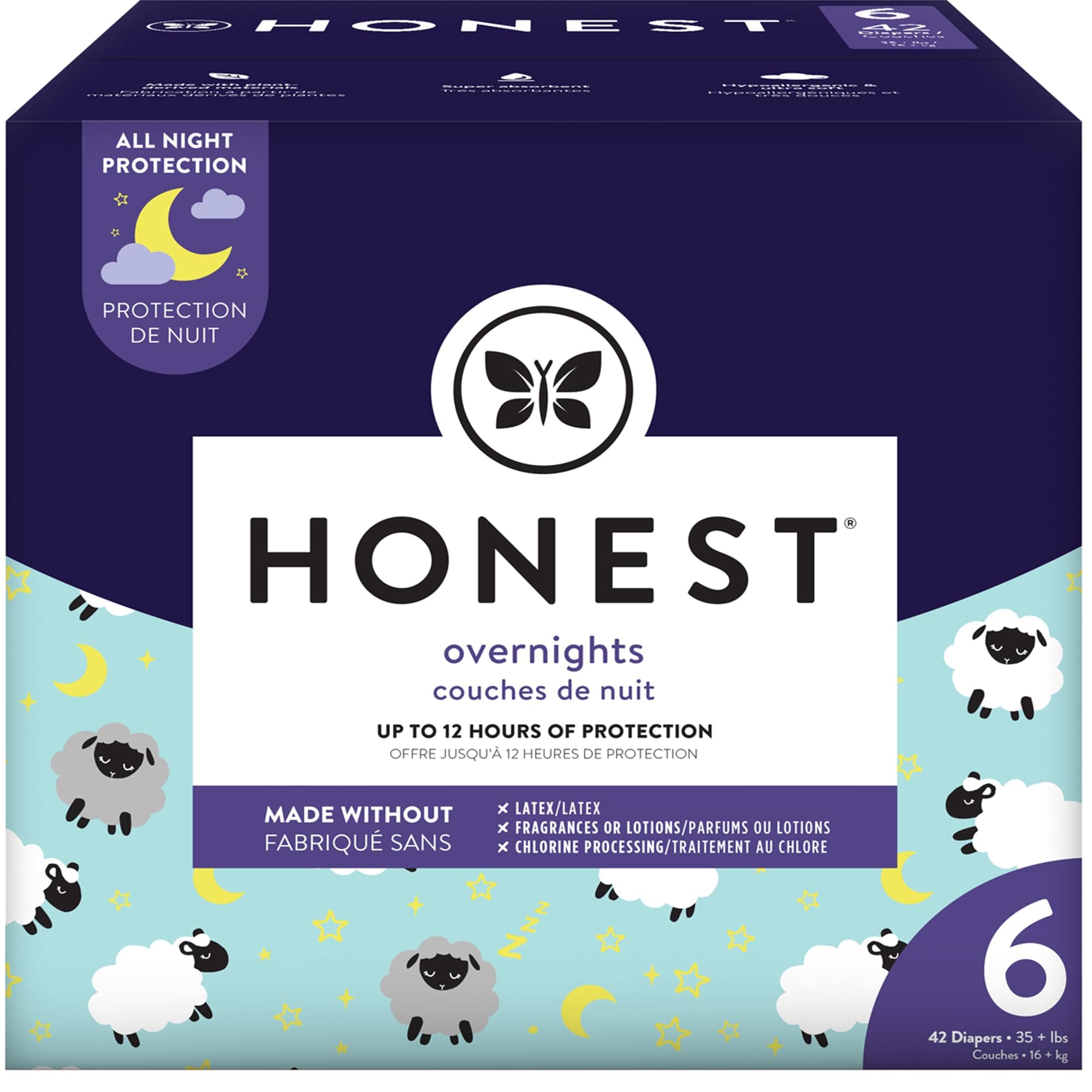 The Honest Company Clean Conscious Overnight Diapers Plant-Based Sustainable Sleepy Sheep Club Box Size 6 35and lbs 42 Count Size 6 42