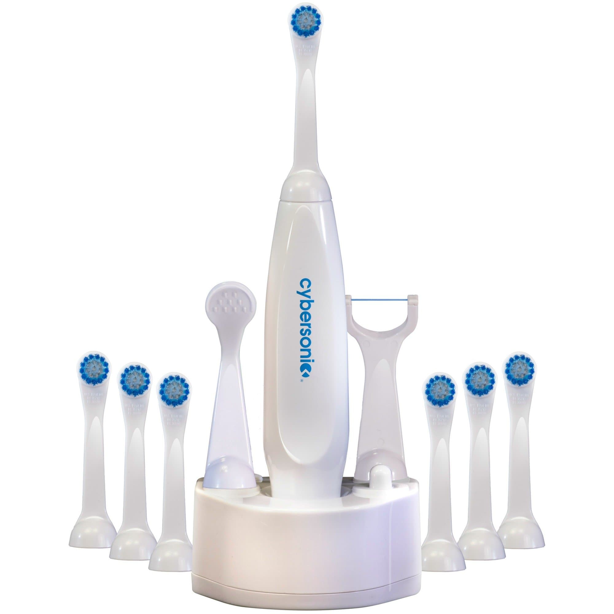 Cybersonic Classic Electric Toothbrush, Rechargable Power Toothbrush with Complete Dental Care Kit Including Tongue Scraper and Floss Heads + 6 Replacement Brush Heads Cybersonic Classic + 6 Brush Heads