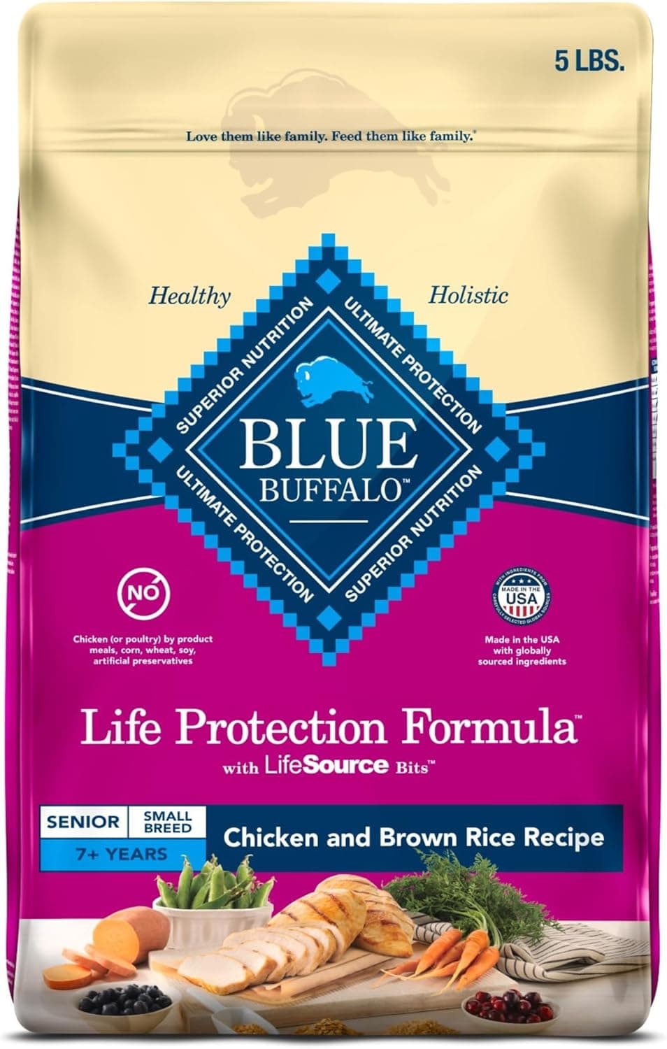 Blue Buffalo Life Protection Formula Small Breed Senior Dry Dog Food, Supports Joint Health and Immunity, Made with Natural Ingredients, Chicken & Brown Rice Recipe, 5-lb Bag Chicken & Brown Rice 5 Pound (Pack of 1)