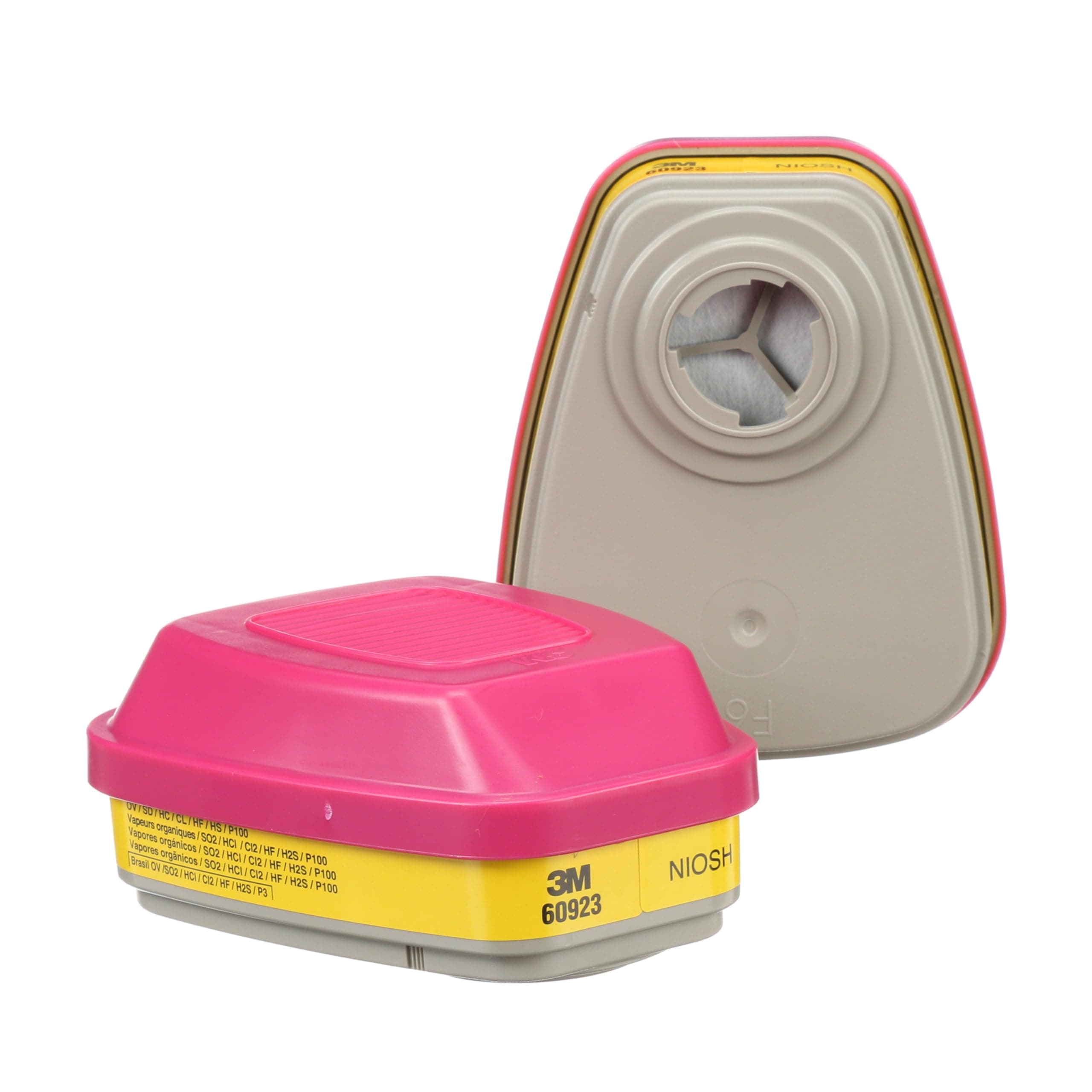 3M P100 Respirator Cartridge/Filter 60923, 1 Pair, NIOSH Approved, Helps Protect Against Organic Vapors, Acid Gases, and Particulates, Magenta, Yellow