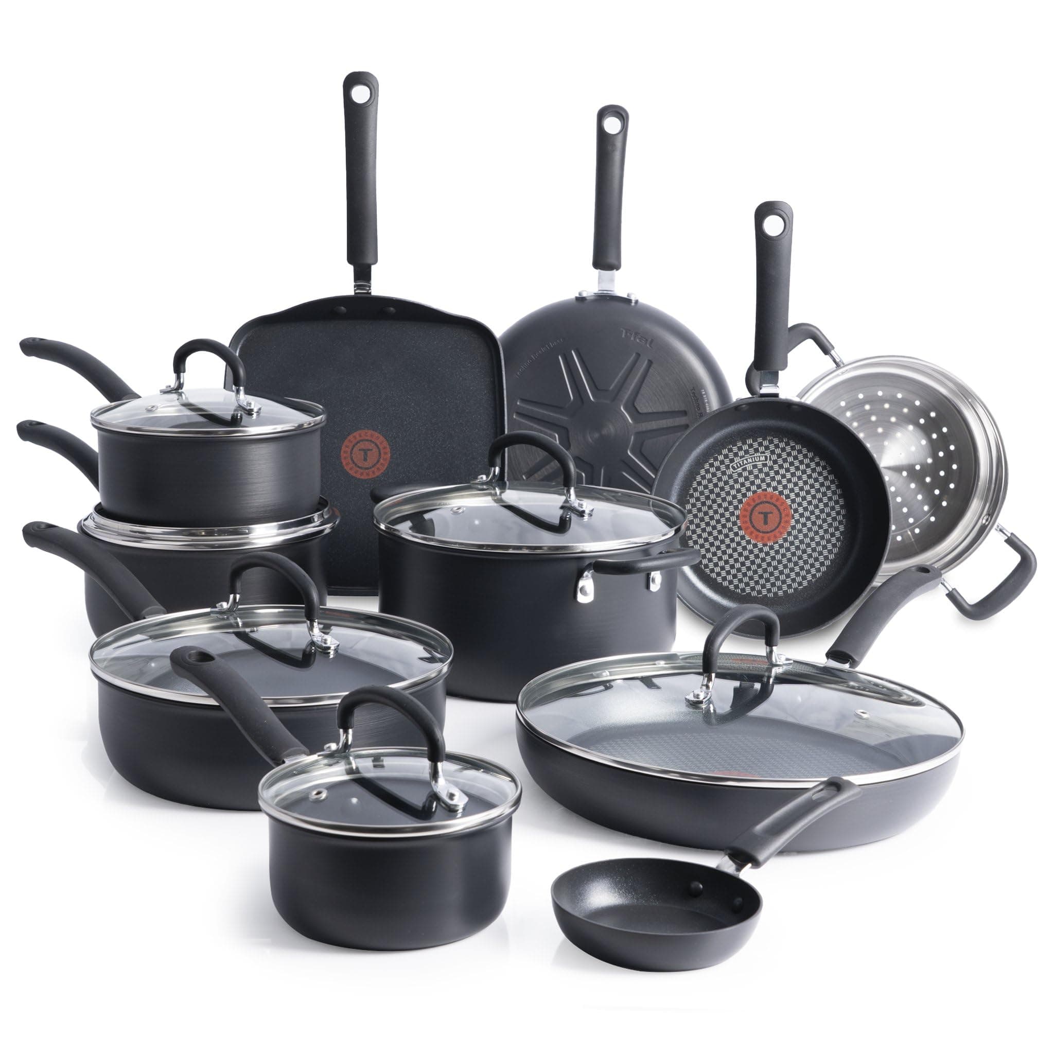 T-Fal Ultimate Hard Anodized Nonstick Cookware Set 17 Piece, Nonstick Pots and Pans Set with Fry Pan, Saucepans, Saute-Pan, Griddle, Dishwasher Safe, Black Hard Anodized Nonstick 17-Piece