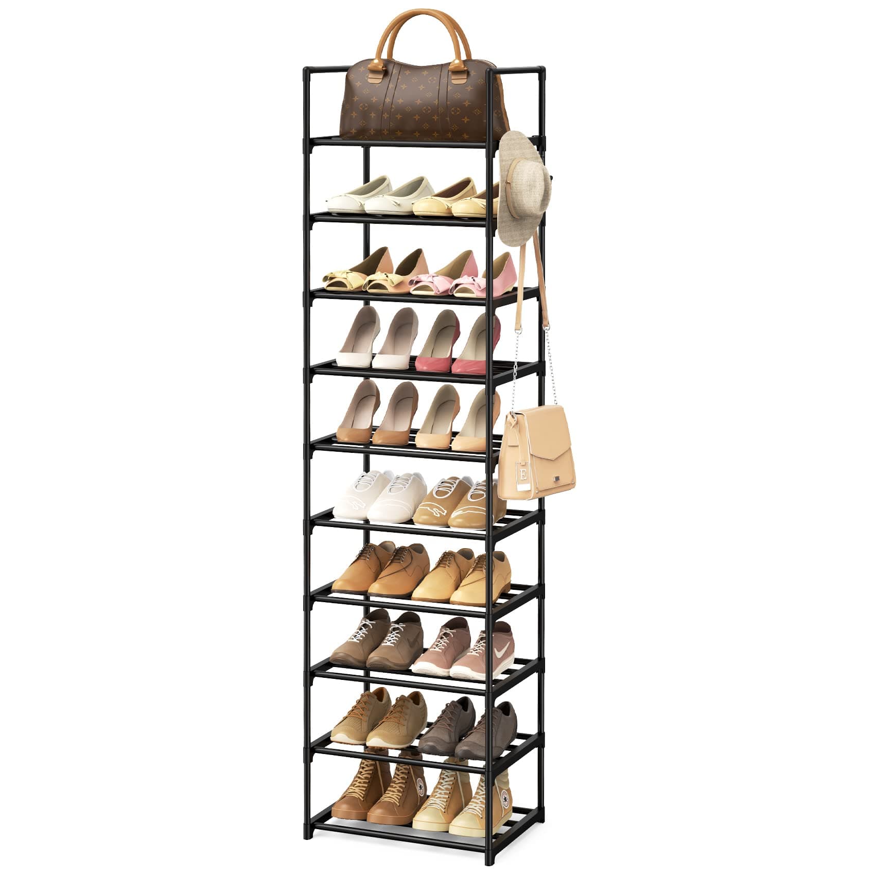 Narrow Shoe Rack 10 Tiers Tall Shoe Rack for Entryway 20 24 Pairs Shoe & Boots Organizer Storage Shelf Durable Black Metal Stackable Shoe Cabinet with Hooks, 17.1D x 11.8W x 78.7H in