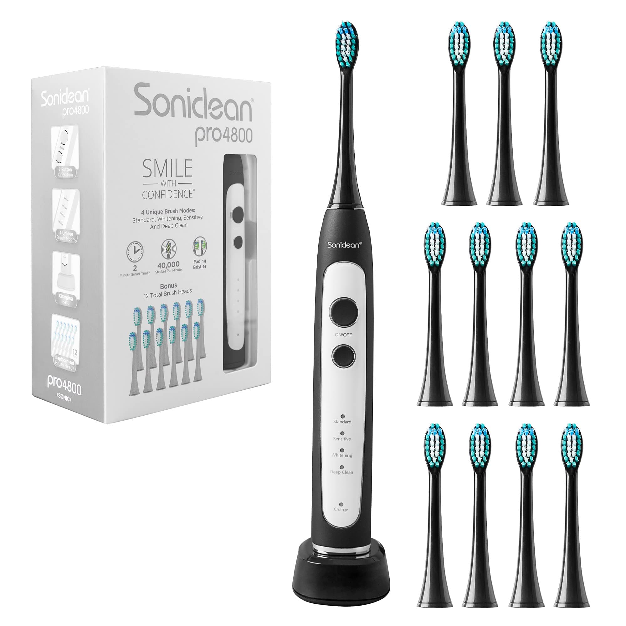 Soniclean Pro 4800 Electric Toothbrush for Adults with 12 Toothbrush Heads, Rechargeable, Automatic, Soft Bristle, Black 12 Refill Heads Black