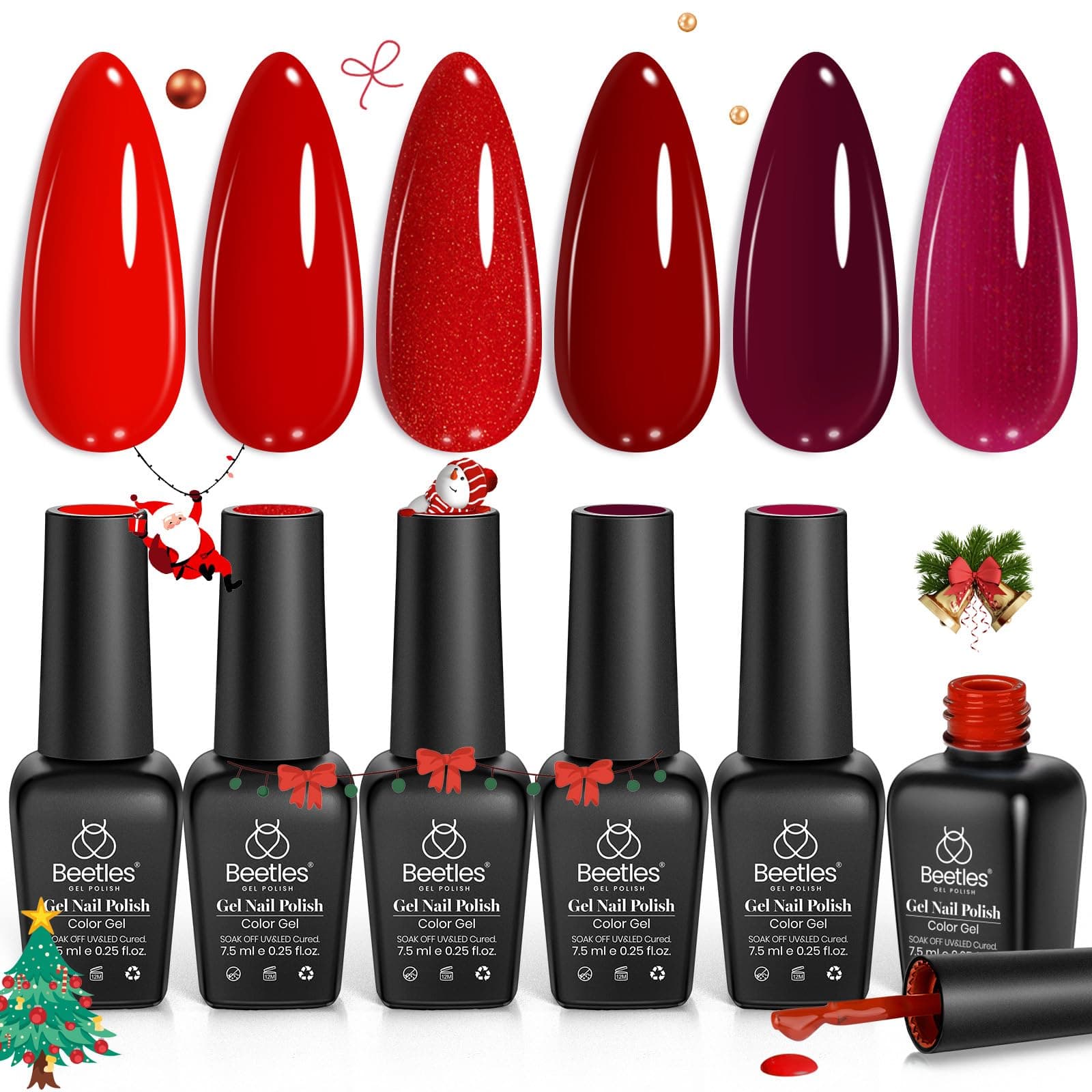 Beetles Red Gel Polish Set - 6 Colors Burgundy Red Gel Nail Polish Popular Shimmer Red-Obsession Collection Nails Art Design Soak Off Uv LED Nail Kit Minicure DIY Home Christmas Nails Set Burgundy Red Shimmer