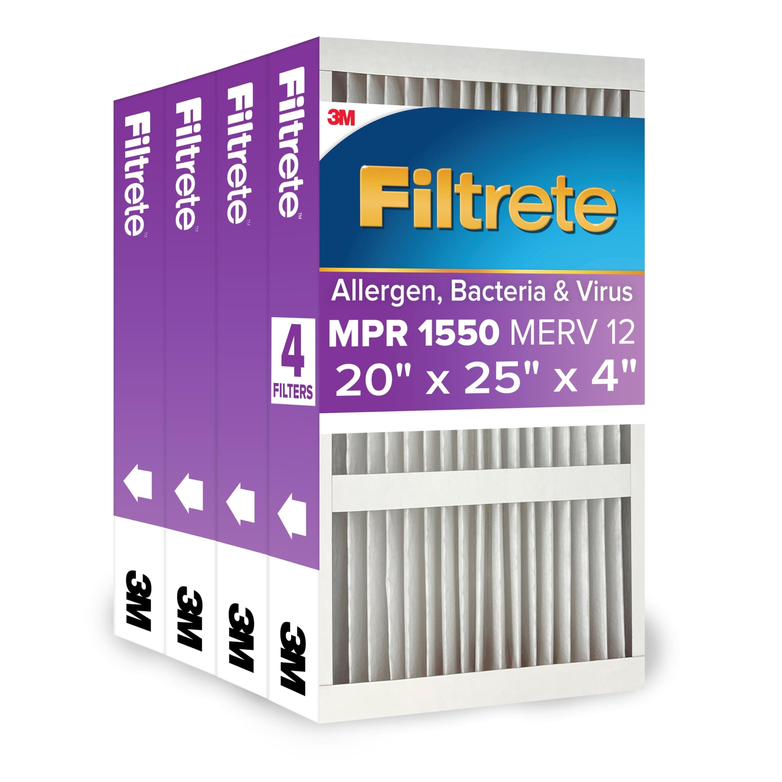 Filtrete 20x25x4 AC Furnace Air Filter, MPR 1550, MERV 12, Fits Honeywell & AprilAire Space-Gard, CERTIFIED Asthma & Allergy Friendly, Electrostatic Filter, 4-Pack (Actual Size 19.88 x 24.63 x 4.31)