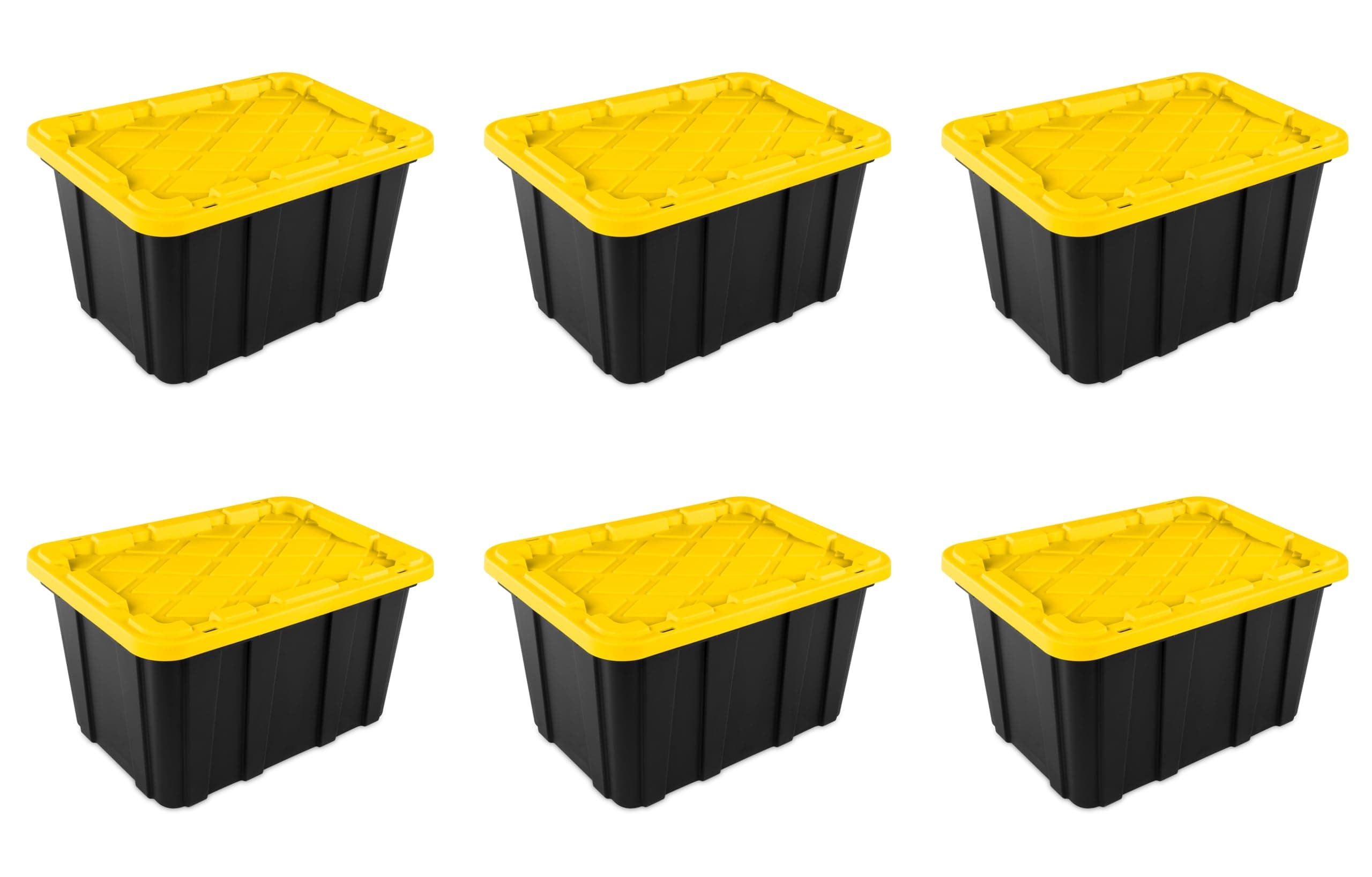 Sterilite 27 Gal Industrial Tote, Stackable Storage Bin with Snap-Fit Lid for Garage, Basement & Attic Storage, Black Base and Yellow Lily Lid, 6-Pack 27 Gallon