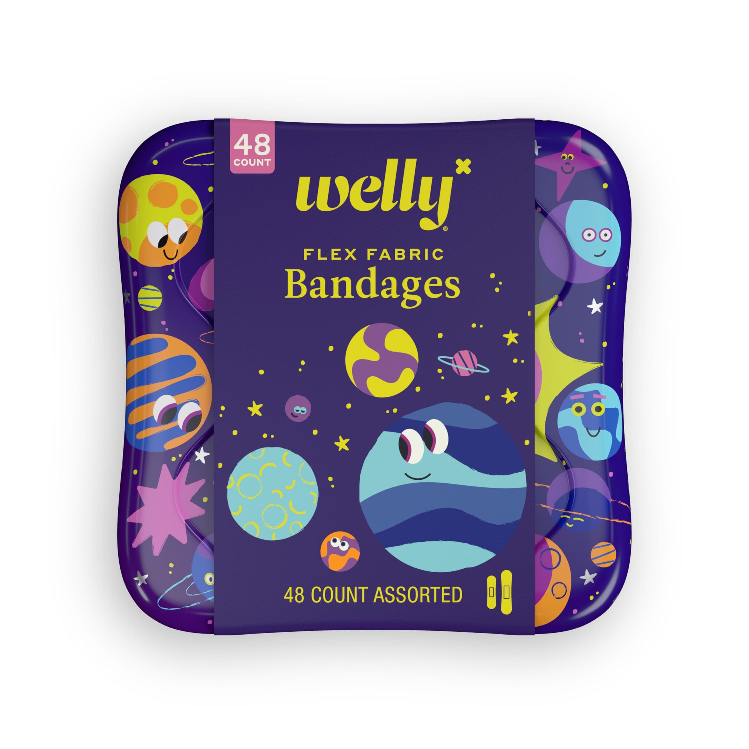 Welly Bandages | Adhesive Flexible Fabric Bravery Badges | Assorted Shapes for Minor Cuts, Scrapes, and Wounds | Colorful and Fun First Aid Tin | Space Patterns - 48 Count