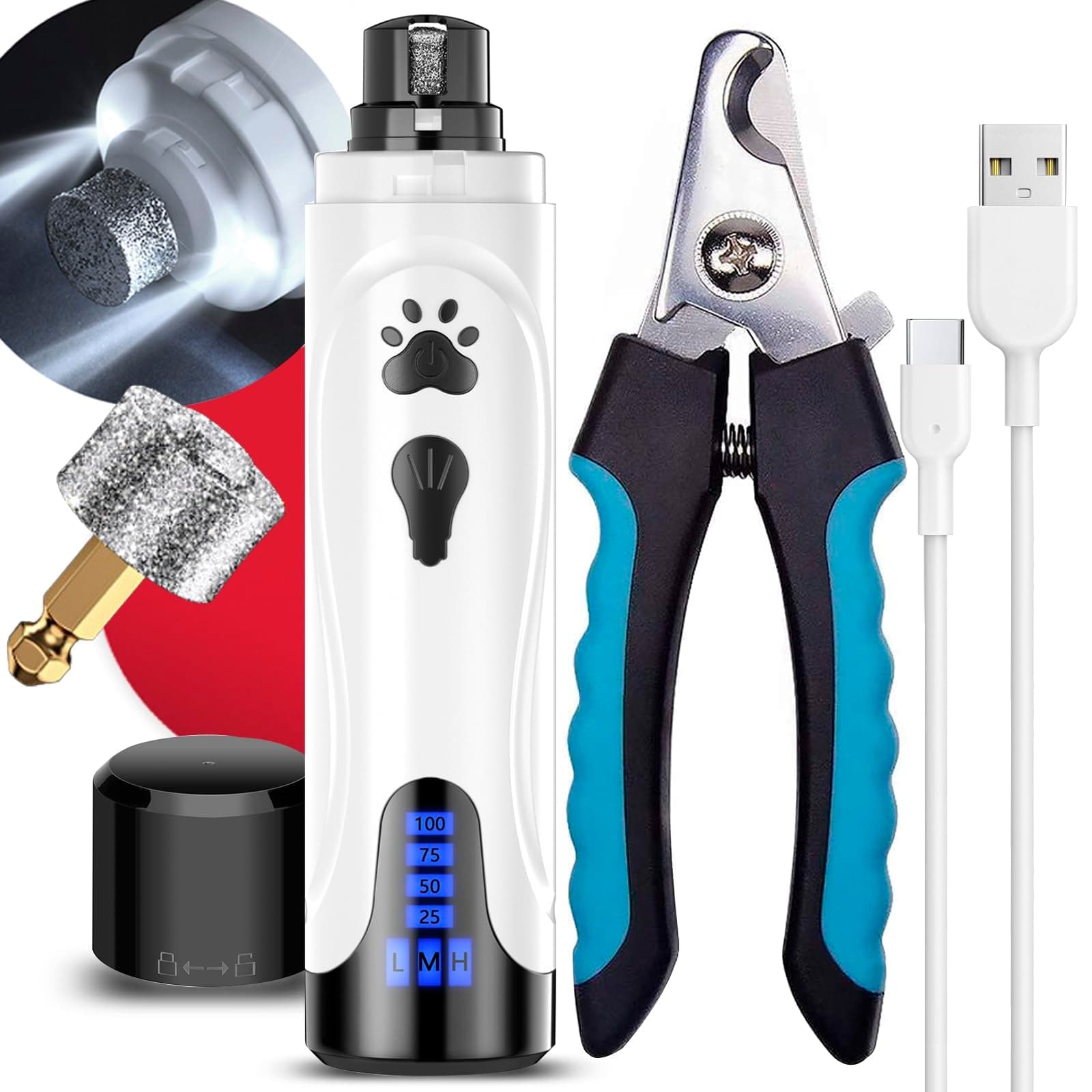YABIFE Dog Nail Trimmers and Dog Nail Clippers Kit, Whisper Quiet Electric Grinder with Light, for Small, Medium, Large Dogs, Cats Toenail Grooming, 3 Speeds AB-blue scissor
