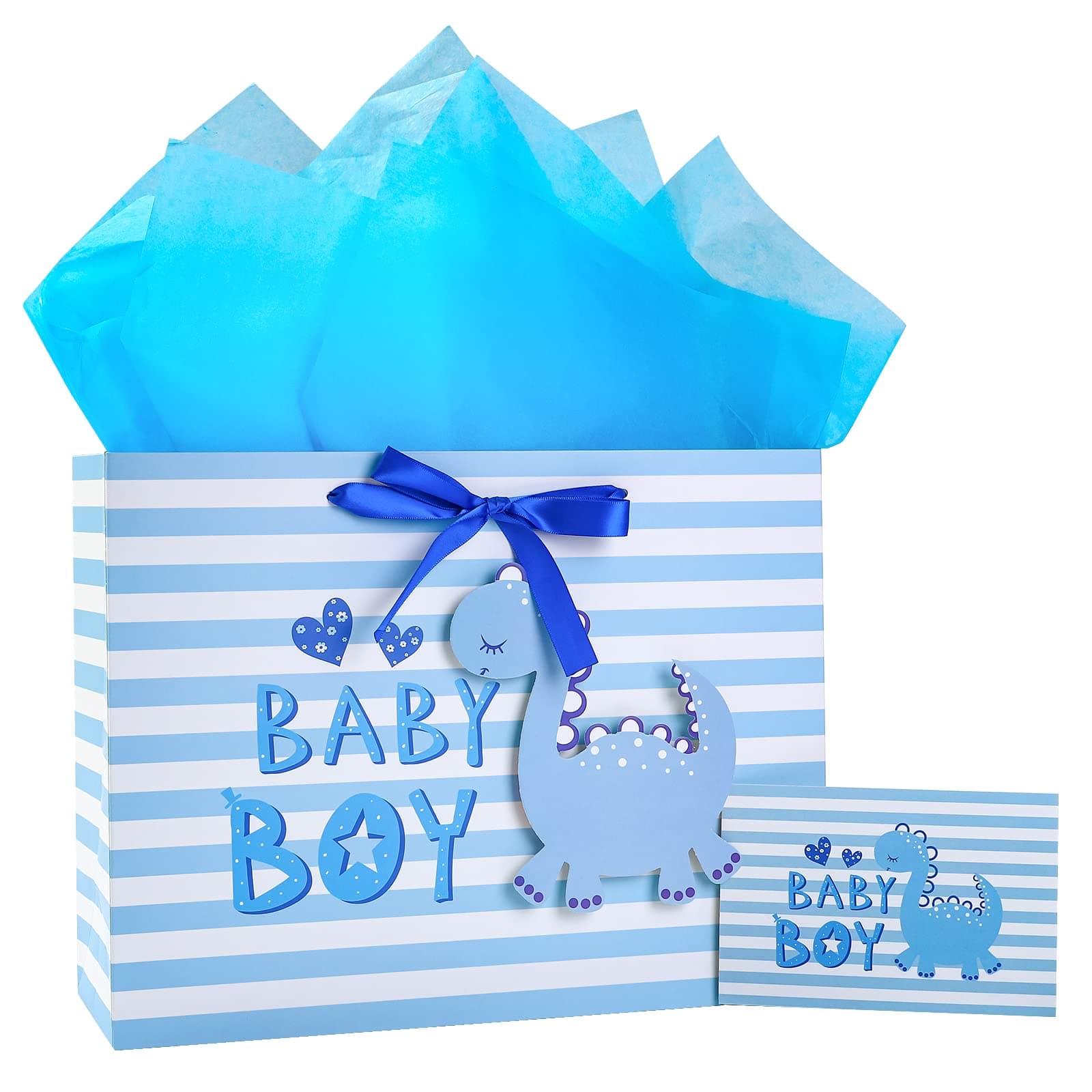 Loveinside Baby Boy Gift Bag Blue Dinosaur Design with Tissue Paper and Greeting Card for Baby Shower, New Parents, and More - 13" x 10" x 5", 1 Pcs Boy-Blue Dinosaur