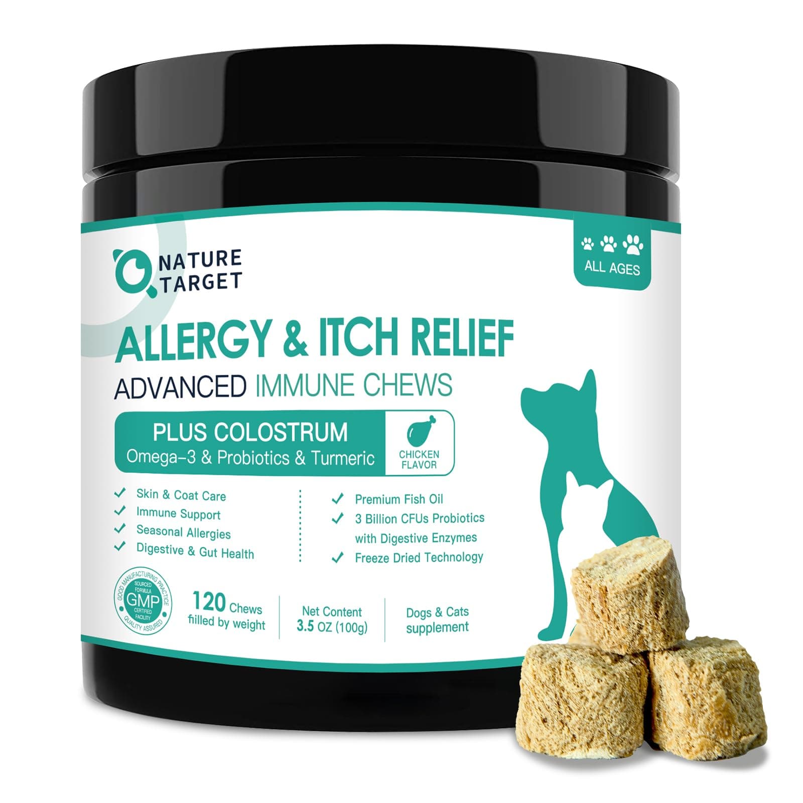 NATURE TARGET Dog Allergy Relief Freeze Dried Chews, with Probiotics, Colostrum for Immune Health, Anti Itch & Seasonal Allergies & Scratching, Omega 3 for Skin & Coat Health, Pawlicking, Hot Spots 120 Freeze Dried Chews