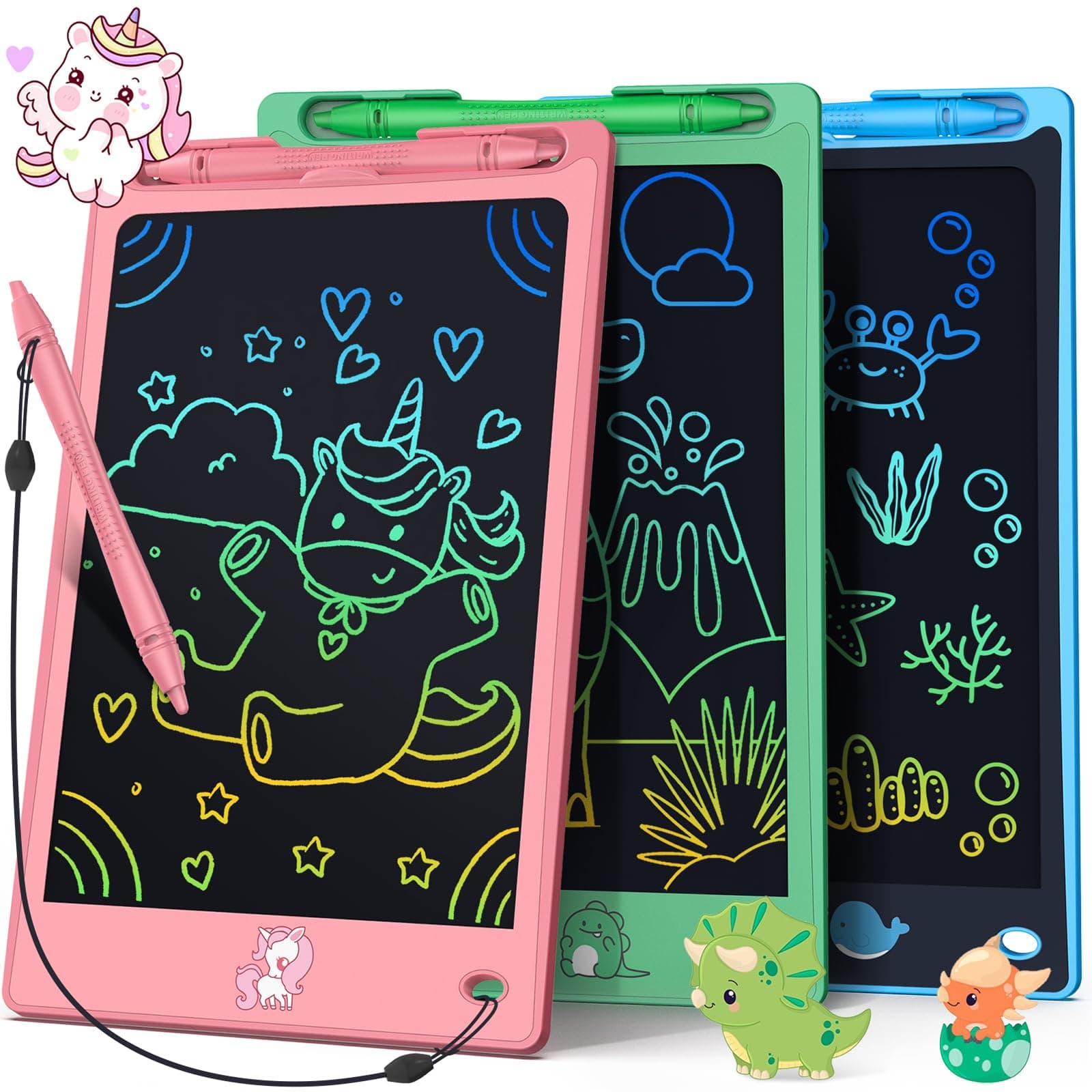 FLUESTON LCD Writing Tablet for Kids,Drawing Tablet for Boys Girls 3 4 5 6 7 8 Year,8.8 Inch 3pcs in 1 Pack Drawing Pad Toy Birthday Gifts for Toddler, Educational Doodle Board Cute Dinosaur Unicorn Pinkgreenblue
