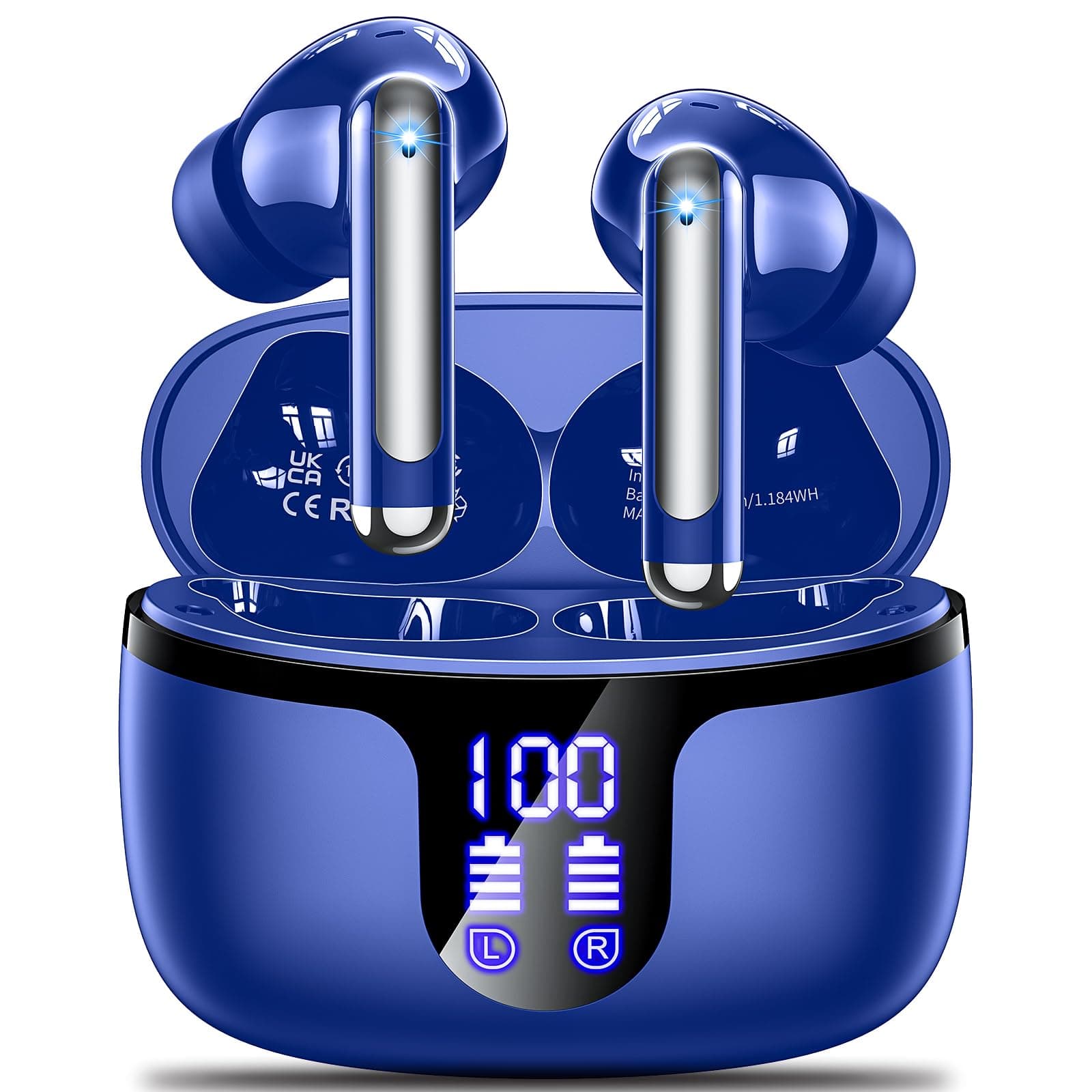 Monyhigh S48 Wireless Earbuds Bluetooth 5.4 Headphones 42h Duration Playback for running/fitness/office use. Equipped with 4 noise cancelling microphones, IPX7 waterproof and LED battery display screen Blue