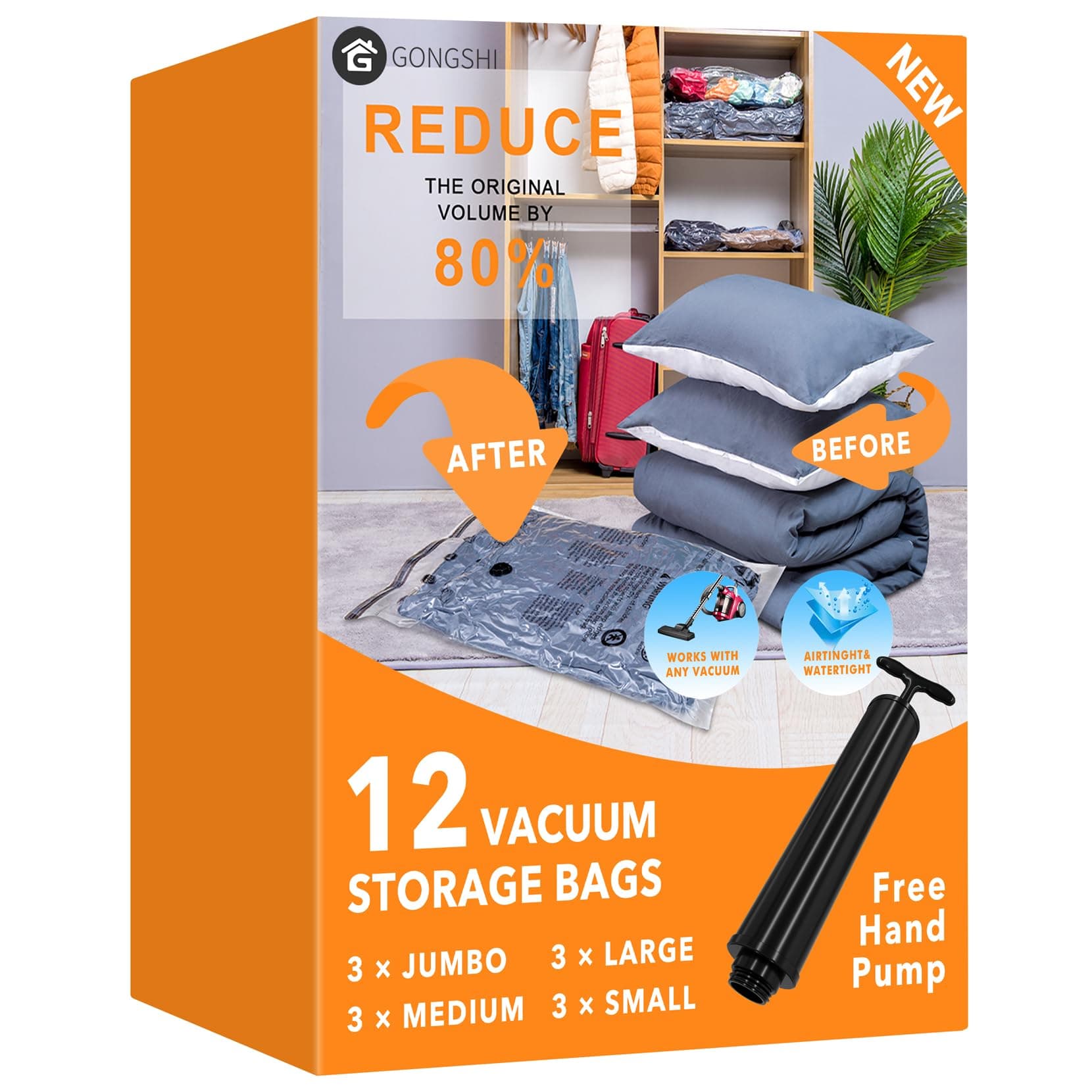 12 Pack Vacuum Storage Bags (3 Jumbo, 3 Large, 3 Medium, 3 Small),Plastic Packaging Bags,Space Saver Sealer Compression Bags with Travel Hand Pump for Blankets, Comforters, Pillows, Clothes Storage 12 Combo