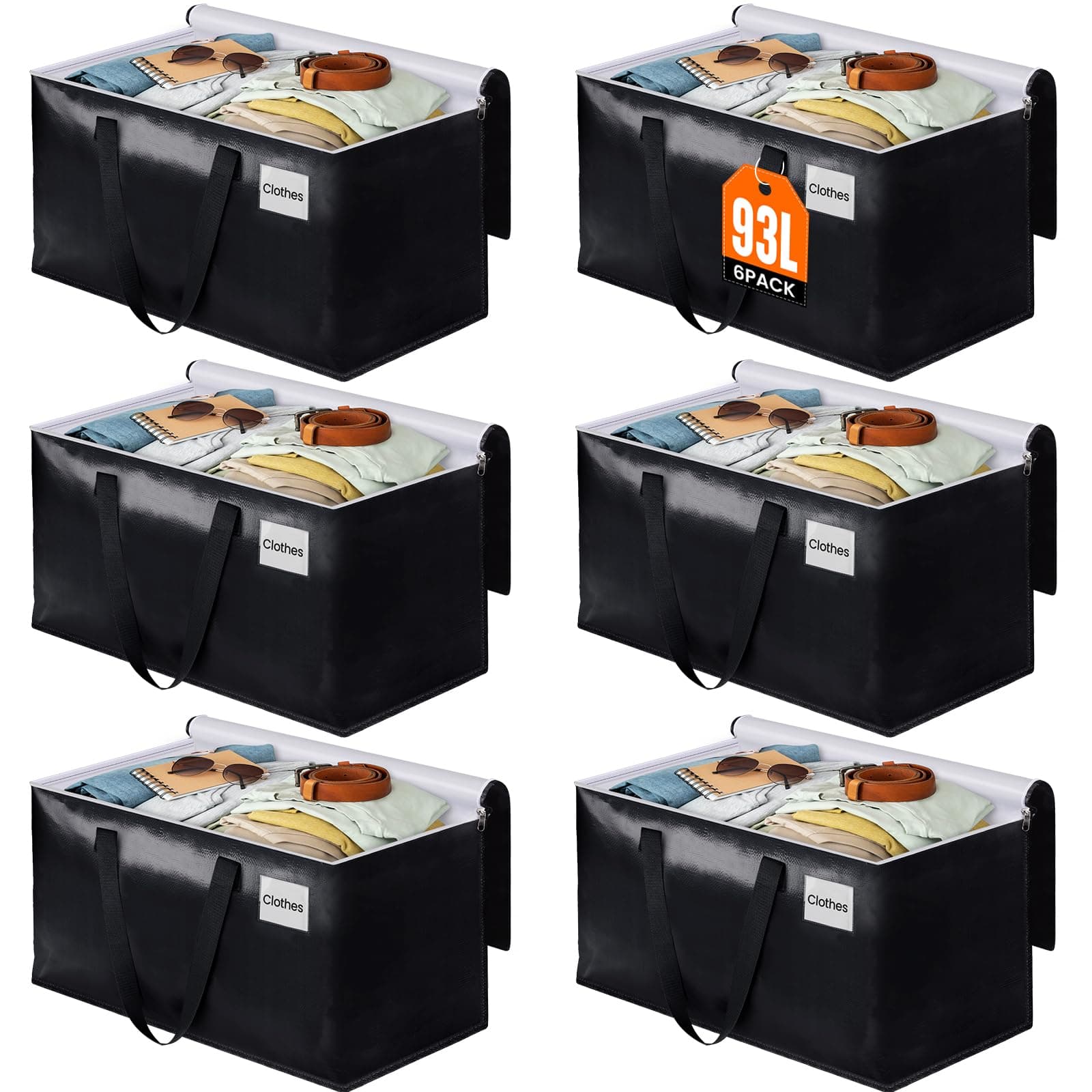 BlissTotes Collapsible Moving Bags - Heavy Duty Boxes with Zippers and Handles, Space Saving Packing Totes for Moving Supplies Storage (93L, 6-Pack, Black) 93L 6.0