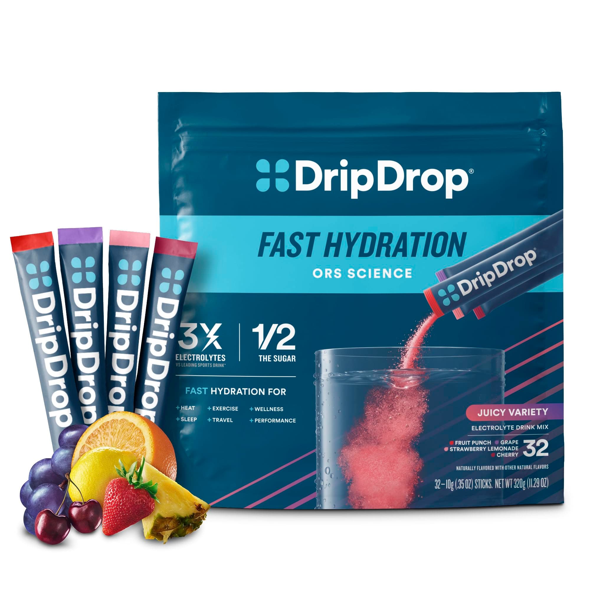 DripDrop Hydration Packets - Juicy Variety Pack - Single Serve Electrolytes Powder Drink Mix - Grape, Fruit Punch, Strawberry Lemonade, Cherry - Non-GMO, Gluten Free, Vegan - 32 Sticks