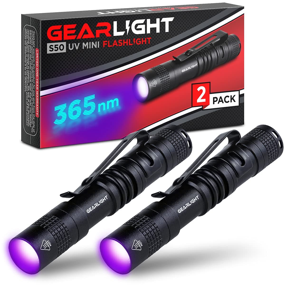 GearLight UV Flashlight S50-365 nm Mini Blacklight Ultraviolet Pen Flashlights for ID Check, Leak AC Detection, Resin Curing - Pet Urine, Scorpion, Stain Handheld Detector - (Pocket Light) - 2 Pack Black Light, (Pocket Light S50)