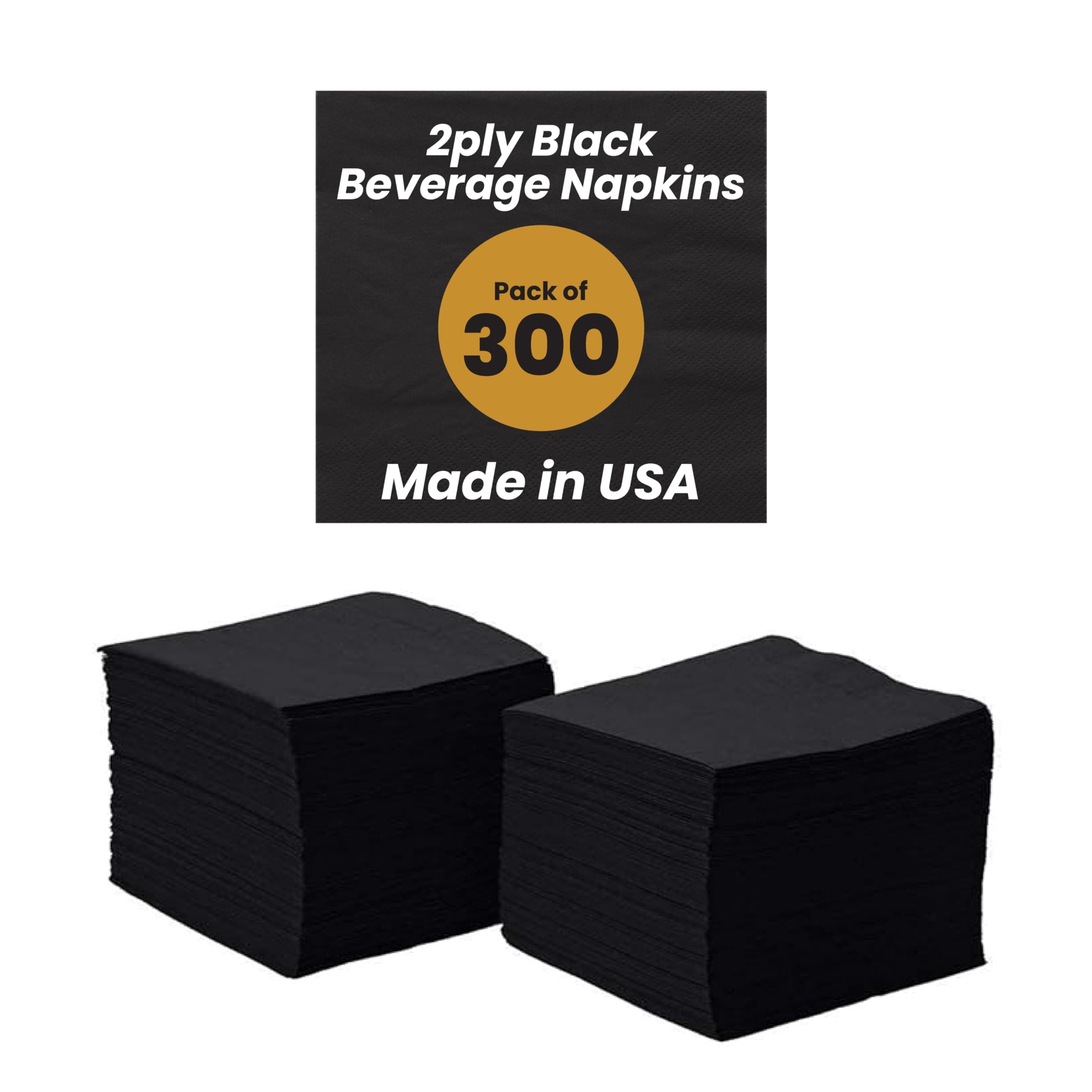 Perfectware 2-Ply Black Beverage Napkins - 300 Count Cocktail Napkins, 10 x 10 Inches Pack of 300ct