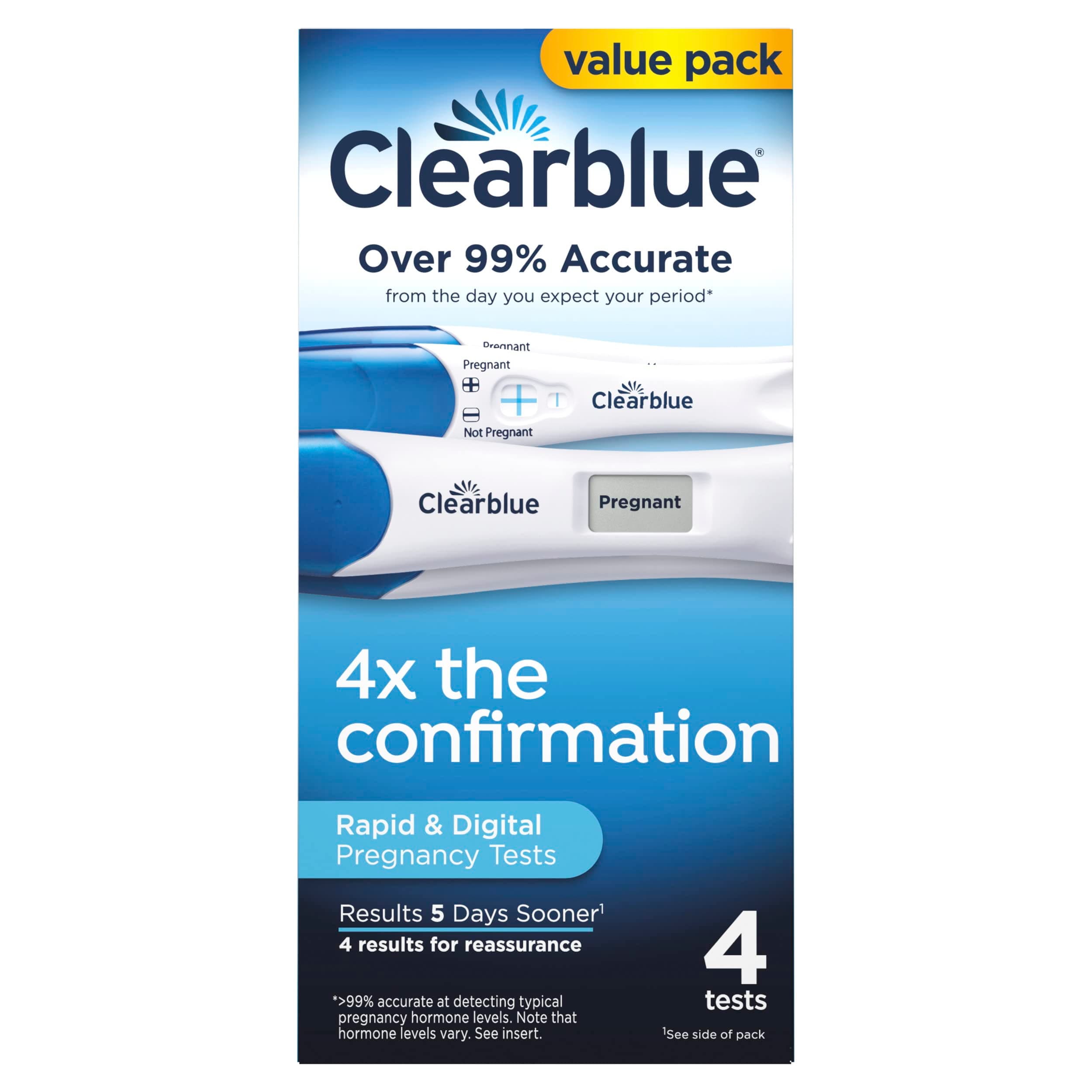 Clearblue Pregnancy Test Combo Pack, 4ct - Digital with Smart Countdown & Rapid Detection - Value Pack 4 Count (Pack of 1) Combo 4
