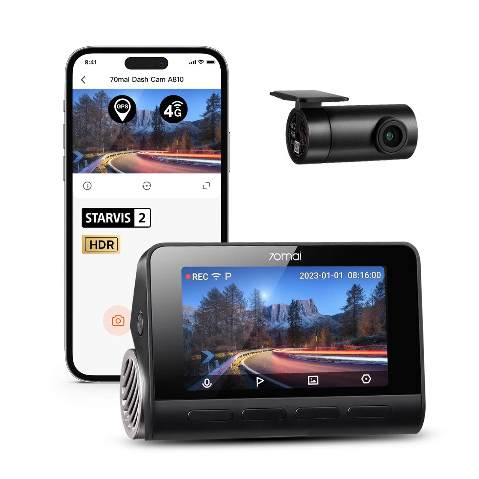 70mai A810 4K Dash Cam Front and Rear, Dual Dash Camera for Cars with Starvis 2 HDR Night Vision, 4G LTE Support, ADAS, Built in GPS & WiFi, 24/7 Parking Mode, AI Motion Detection, Time-Lapse