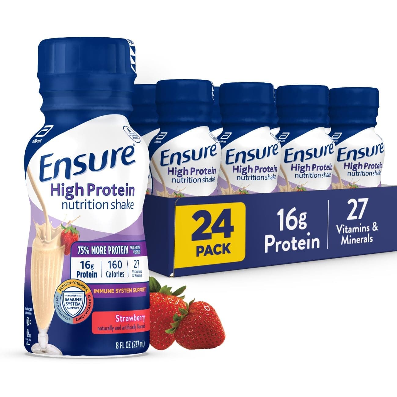 Ensure High Protein Strawberry Nutrition Shake, Ready to Drink, 16g Protein and 27 Vitamins and Minerals, 8 fl oz, 24 Pack Strawberry 8 Fl Oz (Pack of 24)
