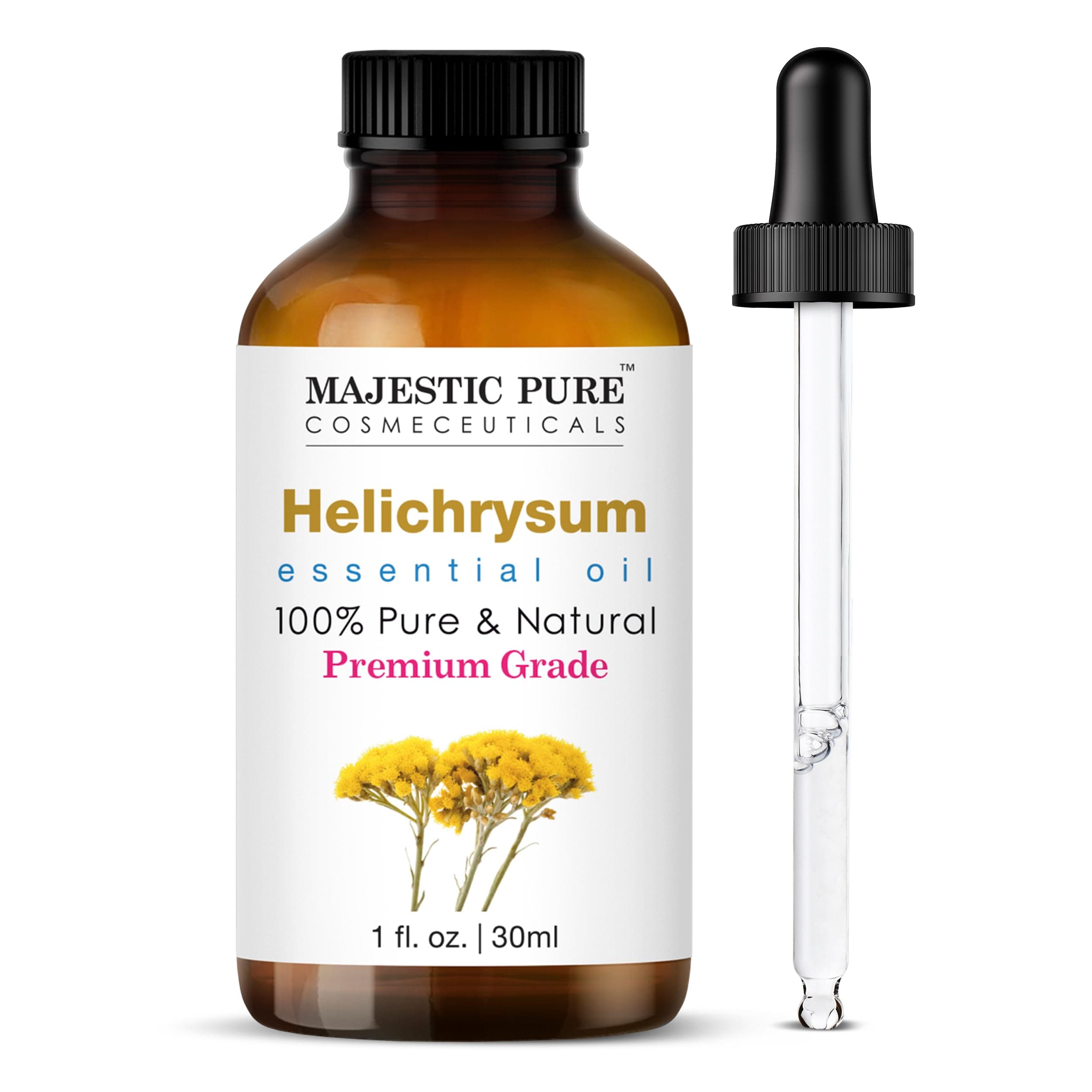 Majestic Pure Essential Oil with Glass Dropper - 100% Pure and Natural - Essential Oils for Diffuser, Aromatherapy, Soap and Candle Making, Helichrysum Essential Oil, Helichrysum Oil, 1 Fl Oz Helichrysum 1 Fl Oz (Pack of 1)