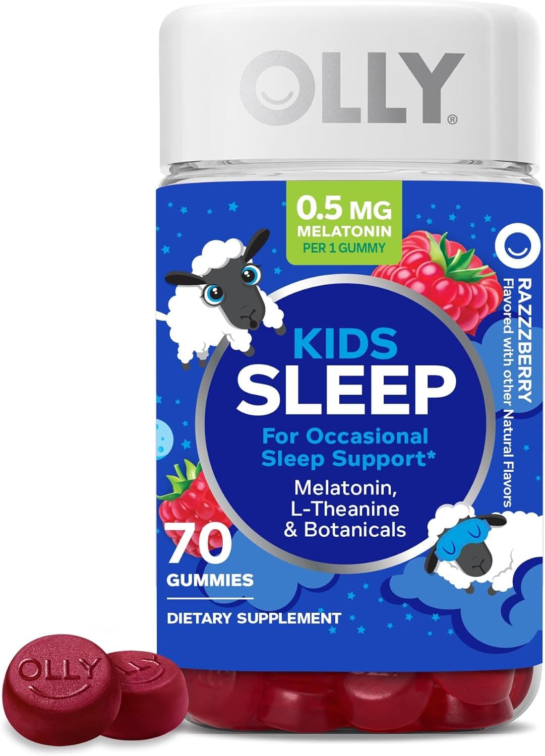 OLLY Kids Sleep Gummies, 0.5mg Melatonin, L Theanine, Chamomile, and Lemon Balm, Raspberry - 70 Count Bottle 70 Count (Pack of 1)