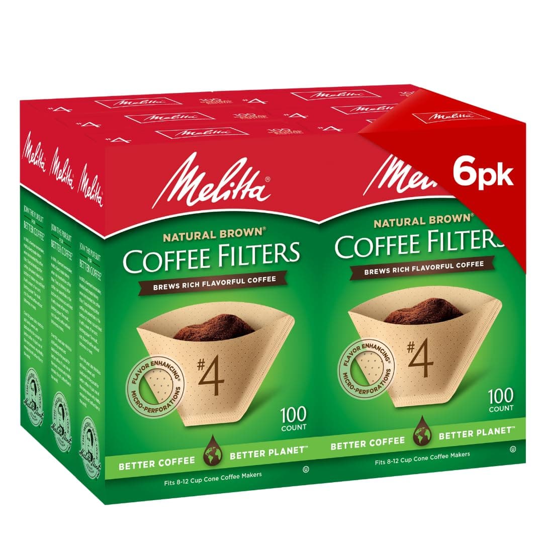 Melitta #4 Cone Coffee Filters, Natural Brown, 100 Count (Pack Of 6), 600 Total Filters - Fits all 8-12 Cup Cone Coffee Makers and Pour-Overs, Compostable, Tear-Resistant, Made in USA