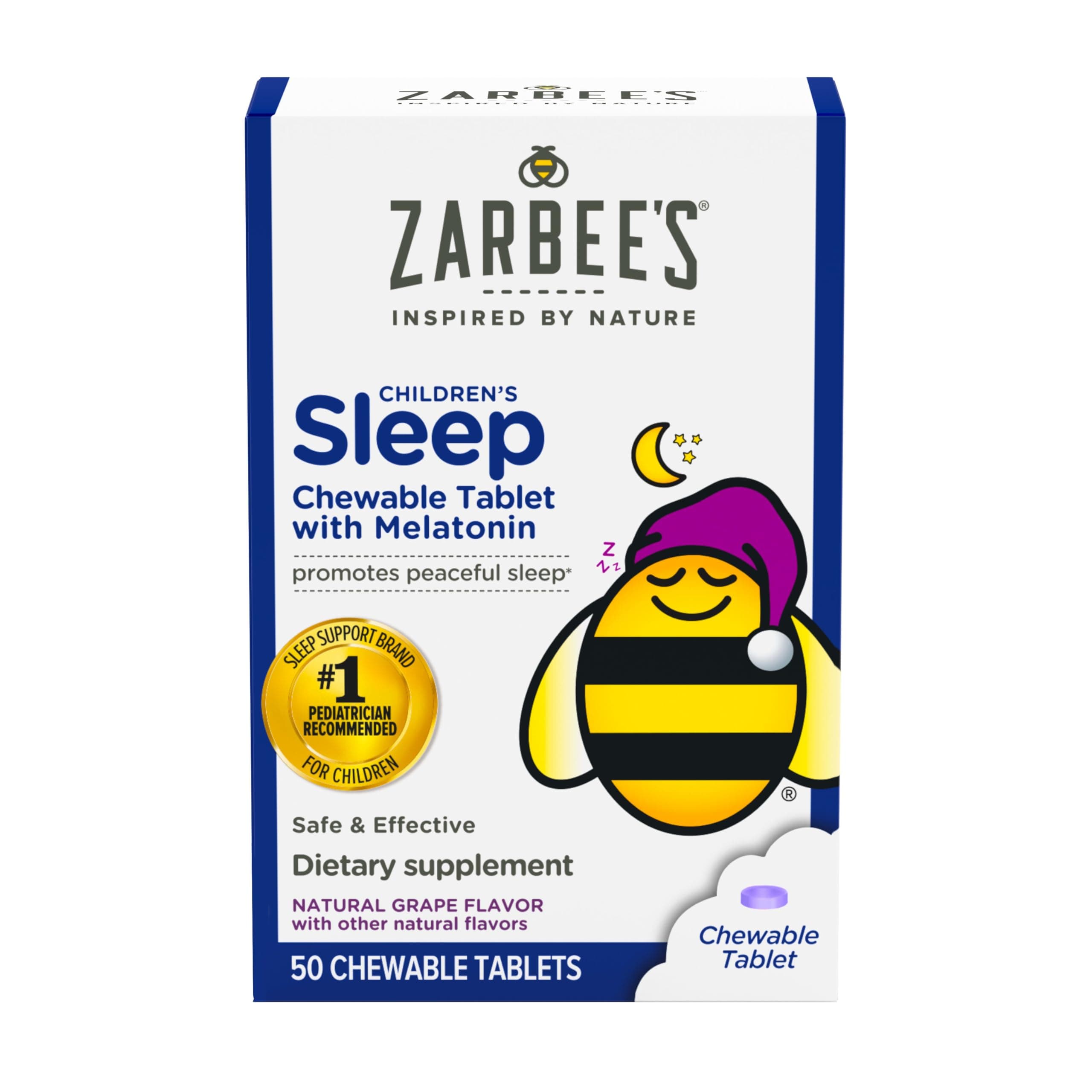 Zarbee's Kids Melatonin Chewable Tablet, 1mg Melatonin, Drug-Free & Effective Sleep Supplement, Natural Grape Flavor, No Artificial Sweeteners or Dyes, Gluten Free, Ages 3+, 50 ct Grape Tablets, 50ct Chewable Tablet