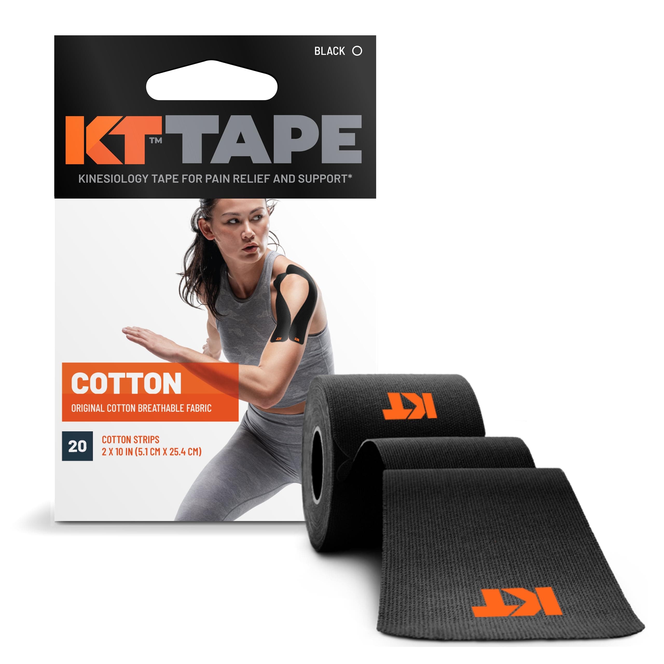 KT Tape, Original Cotton, Elastic Kinesiology Athletic Tape, 20 Count, 10” Precut Strips Black