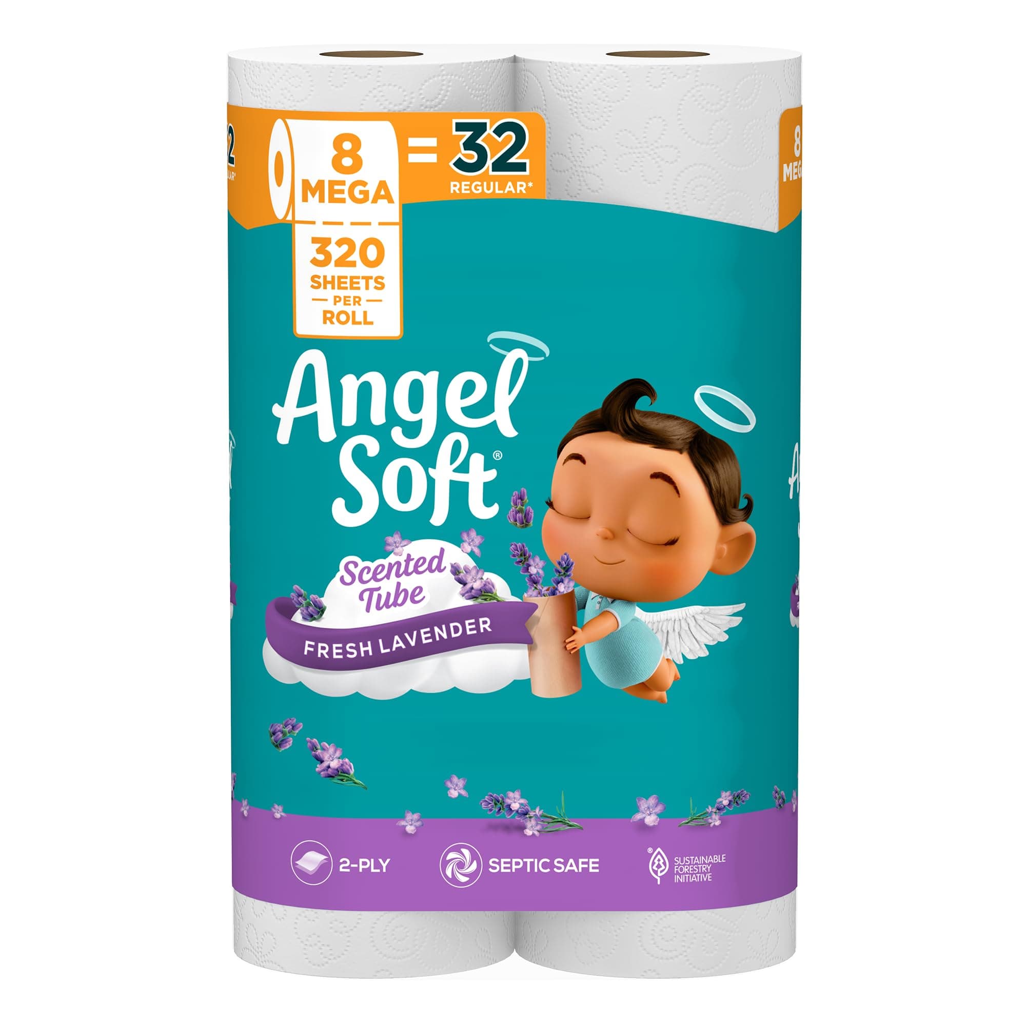 Angel Soft Toilet Paper with Fresh Lavender Scented Tube, 8 Mega Rolls = 32 Regular Rolls, Soft and Strong Toilet Tissue Fresh Lavender Scented 40 sheet (Pack of 8)