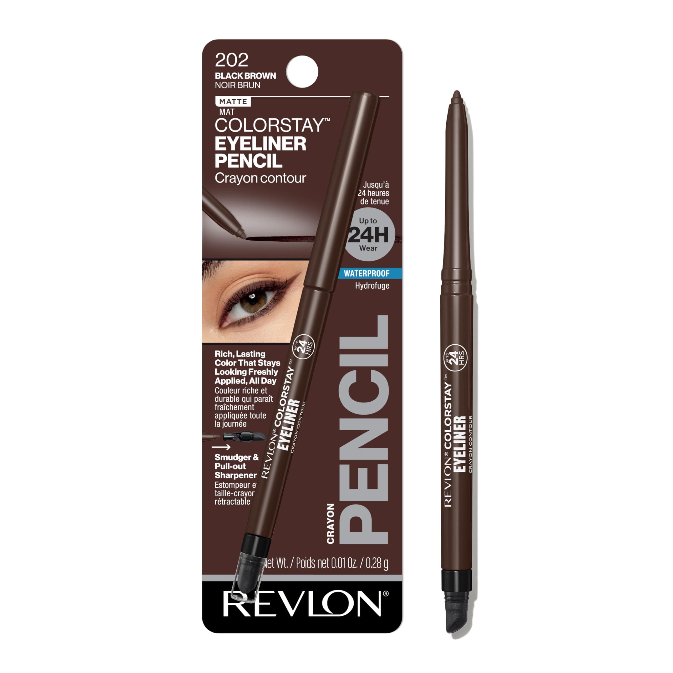 Revlon ColorStay Pencil Waterproof Eyeliner, Smudge-Proof, Eye Makeup with Built-In Sharpener, 202 Black Brown, 0.01 oz Black Brown 0.01 Ounce (Pack of 1)