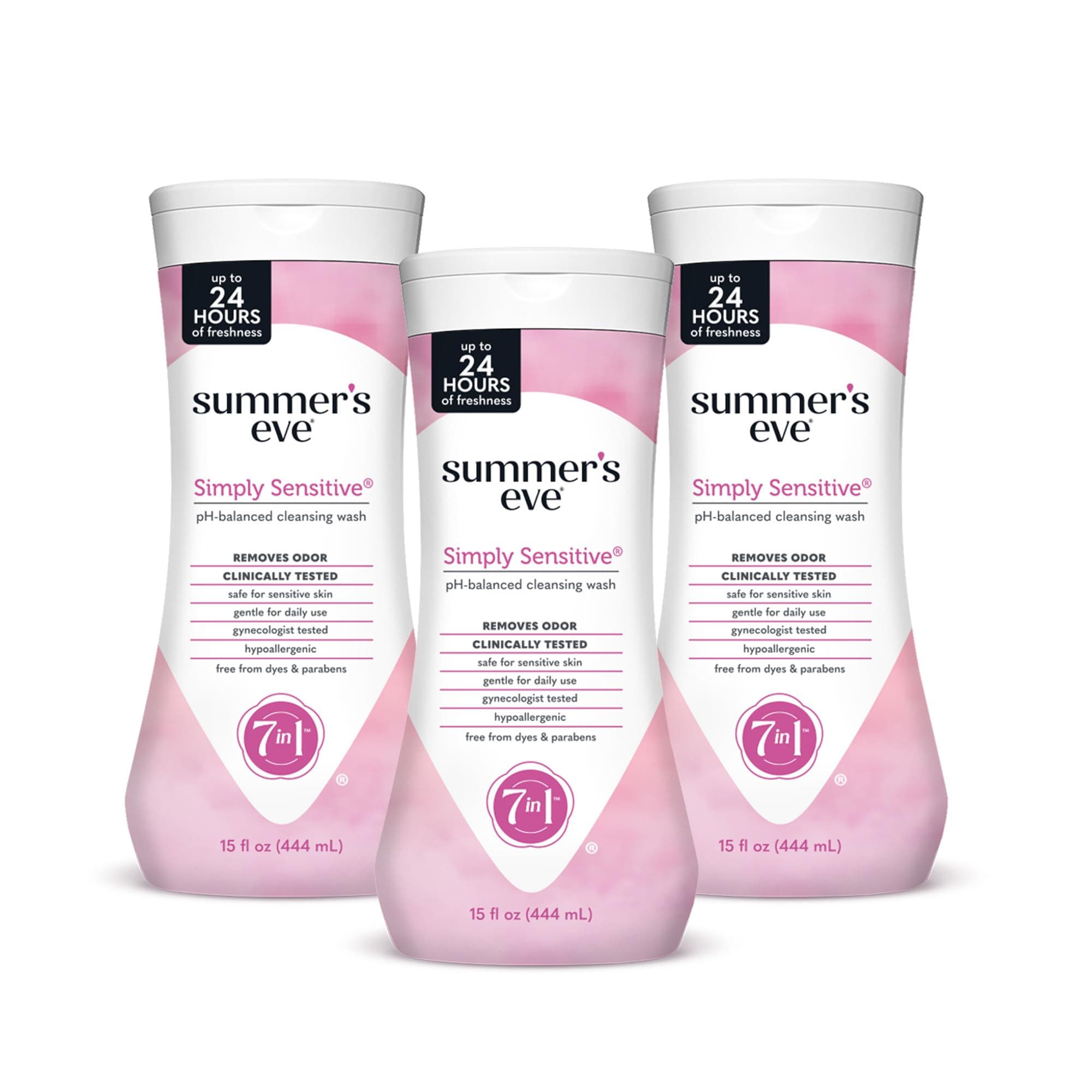 Summer's Eve Simply Sensitive All-Over Daily Feminine Wash, Gentle pH-Balanced Body Wash for Women, Removes Vaginal Odor, 15 Fl Oz, Pack of 3