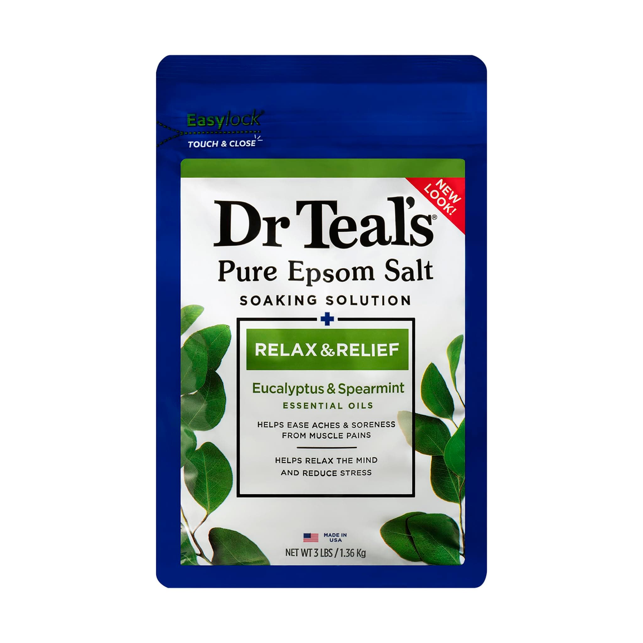 Dr Teal's Epsom Salt Magnesium Soak, Relax & Relief with Eucalyptus & Spearmint Essential Oils, 3 lbs 3 Pound (Pack of 1)
